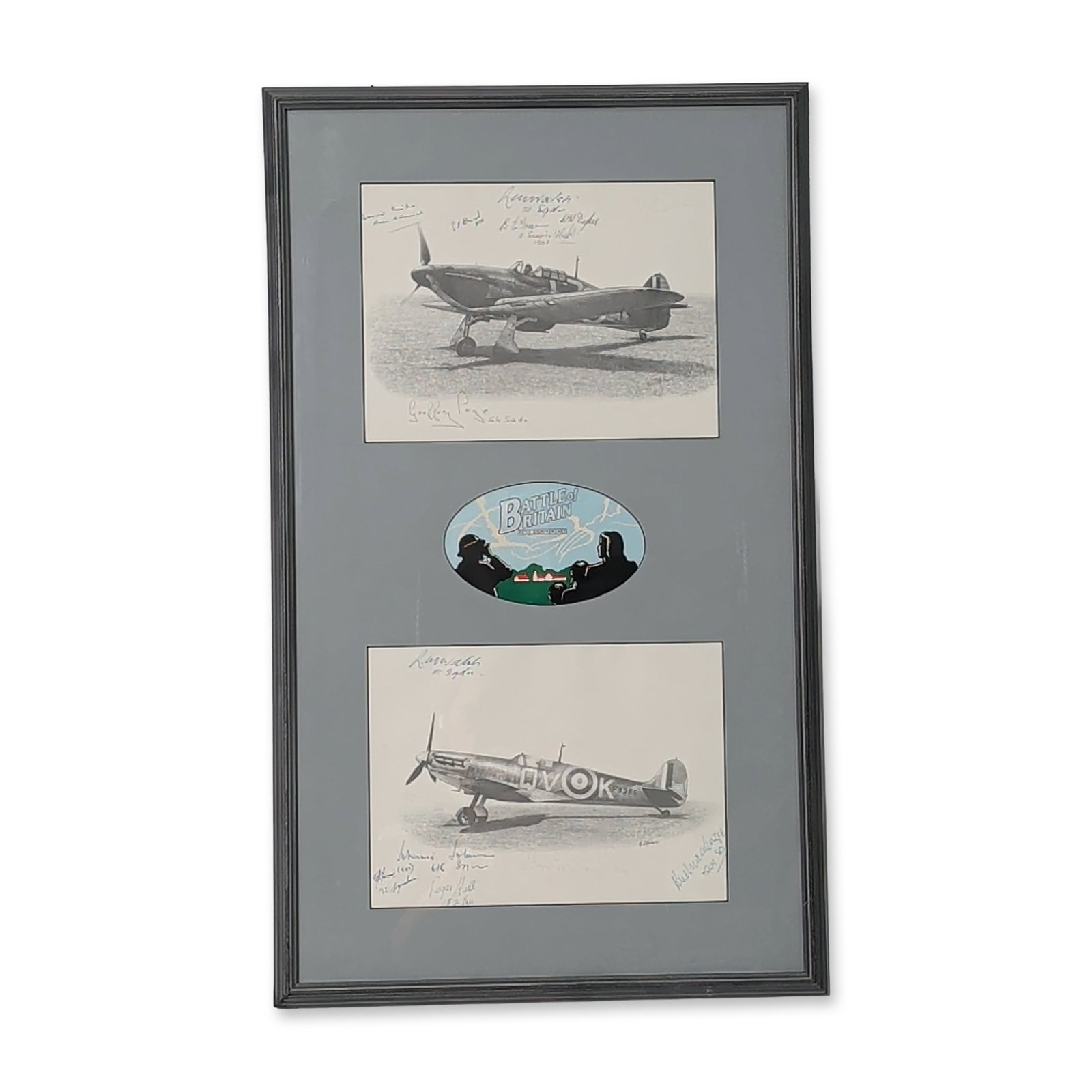 Framed Battle of Britain 50th Anniversary Autographed Print Montage: Commemorative aviation montage produced for the 50th anniversary of the Battle of Britain, 1940-1990. The display features two black-and-white prints after original pencil drawings by artist S. Stephe