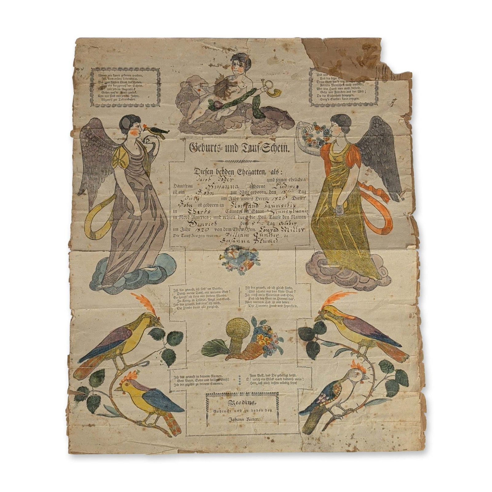 Antique Pennsylvania German Fraktur Birth and Baptismal Certificate, Taufschein (1 of 4)