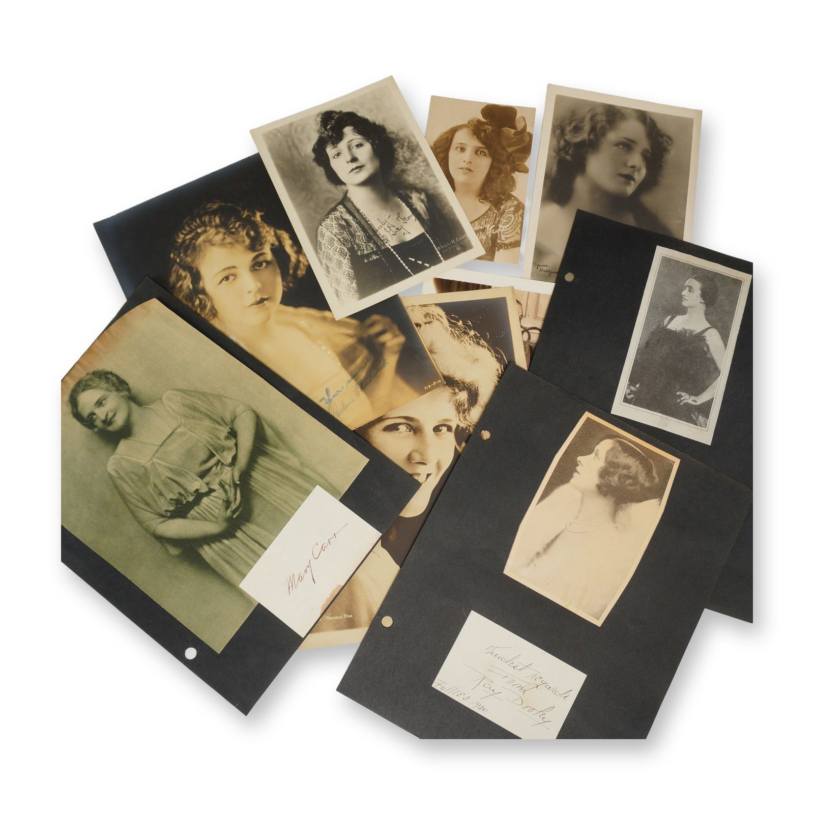 Lot of 9 Vintage Silent Film Era Portrait Photographs of Starlets: A remarkable collection of nine original vintage photographs and signed ephemera documenting the starlets and celebrities of the silent and early "talkie" film eras. The lot includes a mix of professi