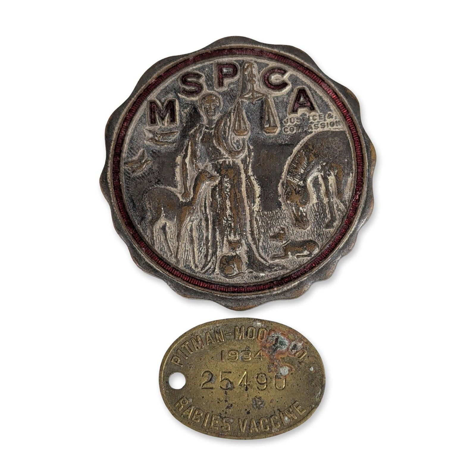 Two MSPCA Bronze Medal and 1934 Rabies Vaccination Tag: Massachusetts Society for the Prevention of Cruelty to Animals (MSPCA) commemorative medal and Pitman-Moore rabies vaccine tag. The scalloped bronze-tone medal features a central relief depicting an a