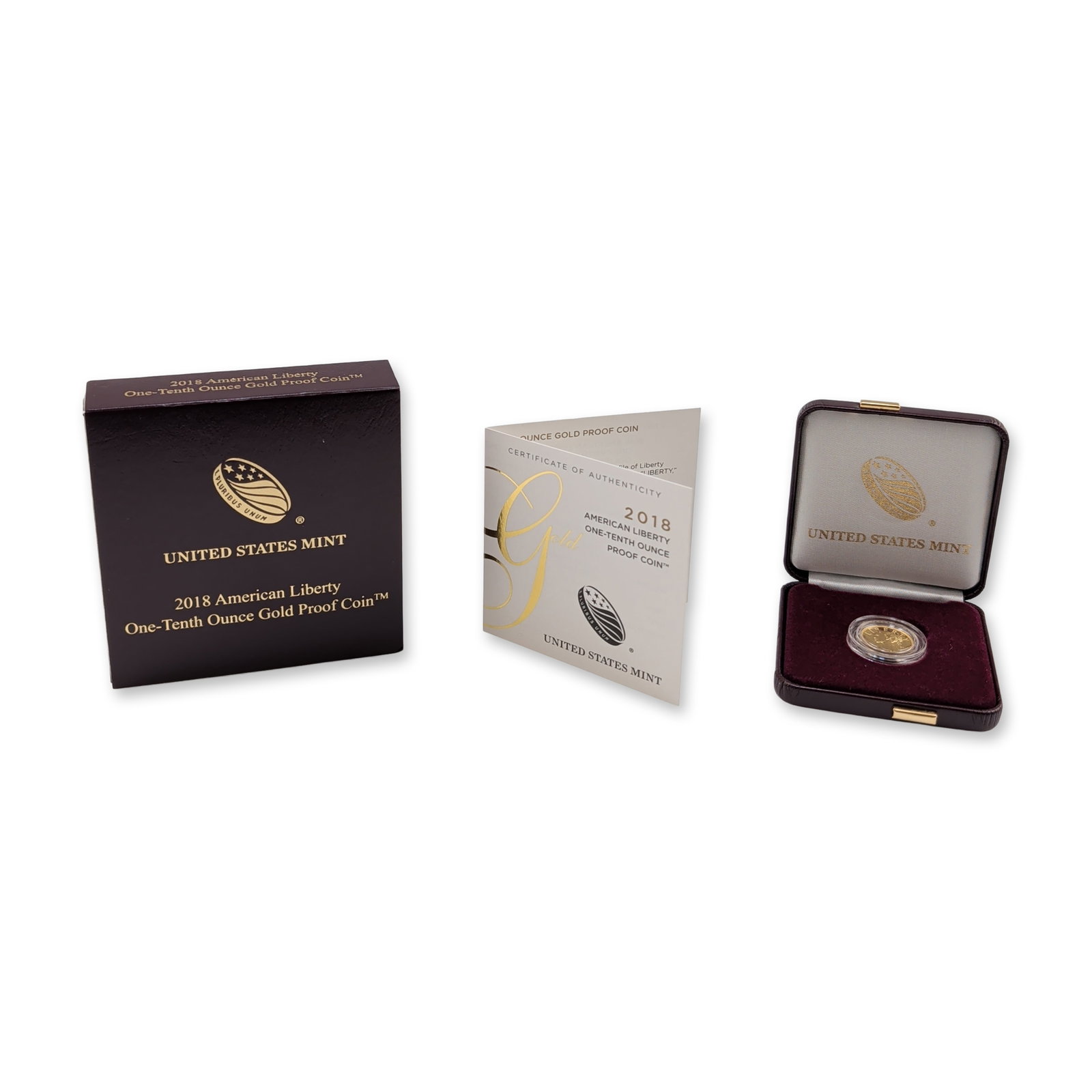 2018-W United States Mint American Liberty Gold One-Tenth Ounce Proof Coin: US 2018-W American Liberty gold proof coin. Struck at the West Point Mint in .9999 fine gold. American Liberty obverse and soaring eagle reverse. Set includes the coin in a protective acrylic capsule,