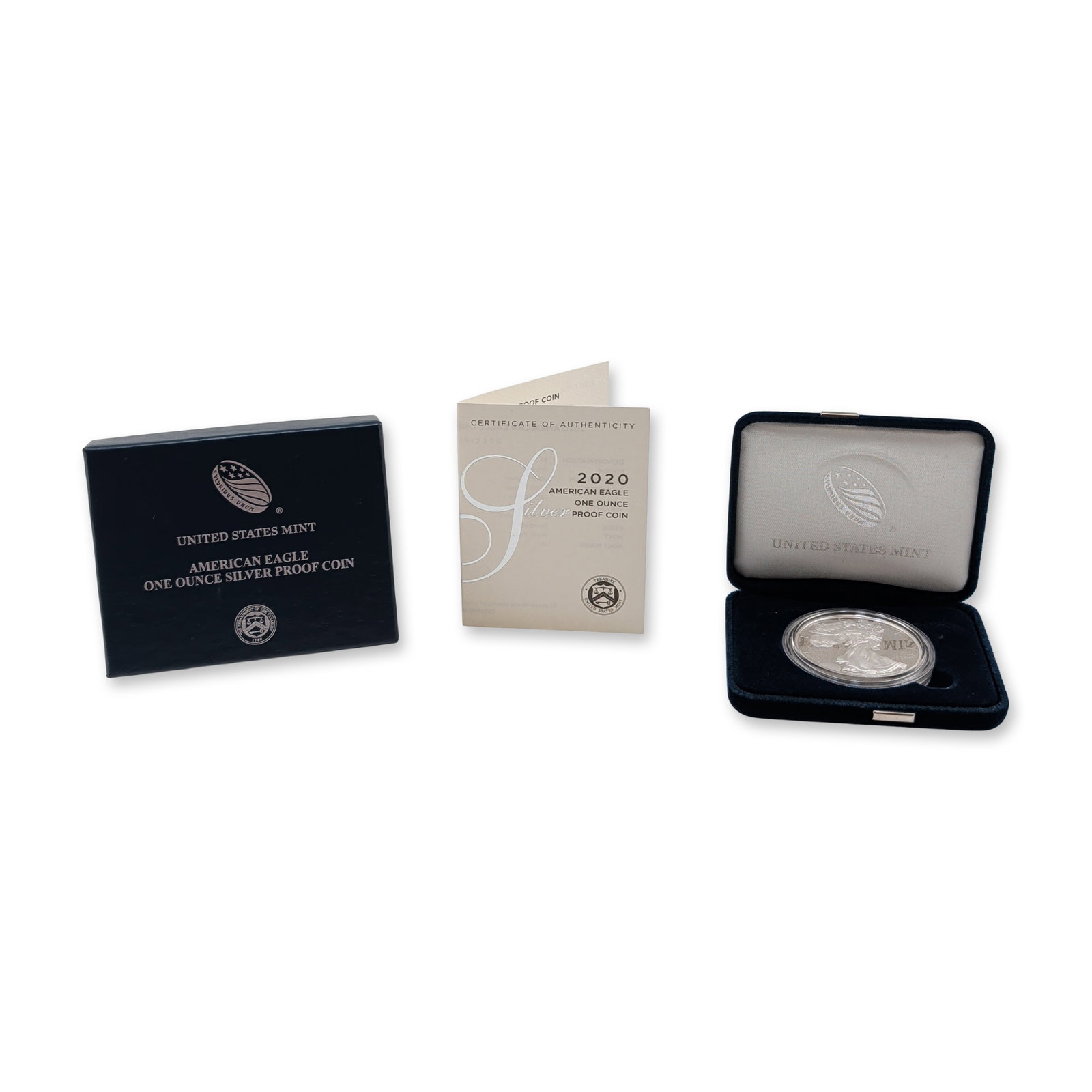 2020-W United States Mint American Eagle Silver One Ounce Proof Coin: United States Mint 2020-W American Eagle one ounce silver proof coin. Struck in .999 fine silver, the coin features the Walking Liberty obverse and heraldic eagle reverse. Includes the West Point Mint