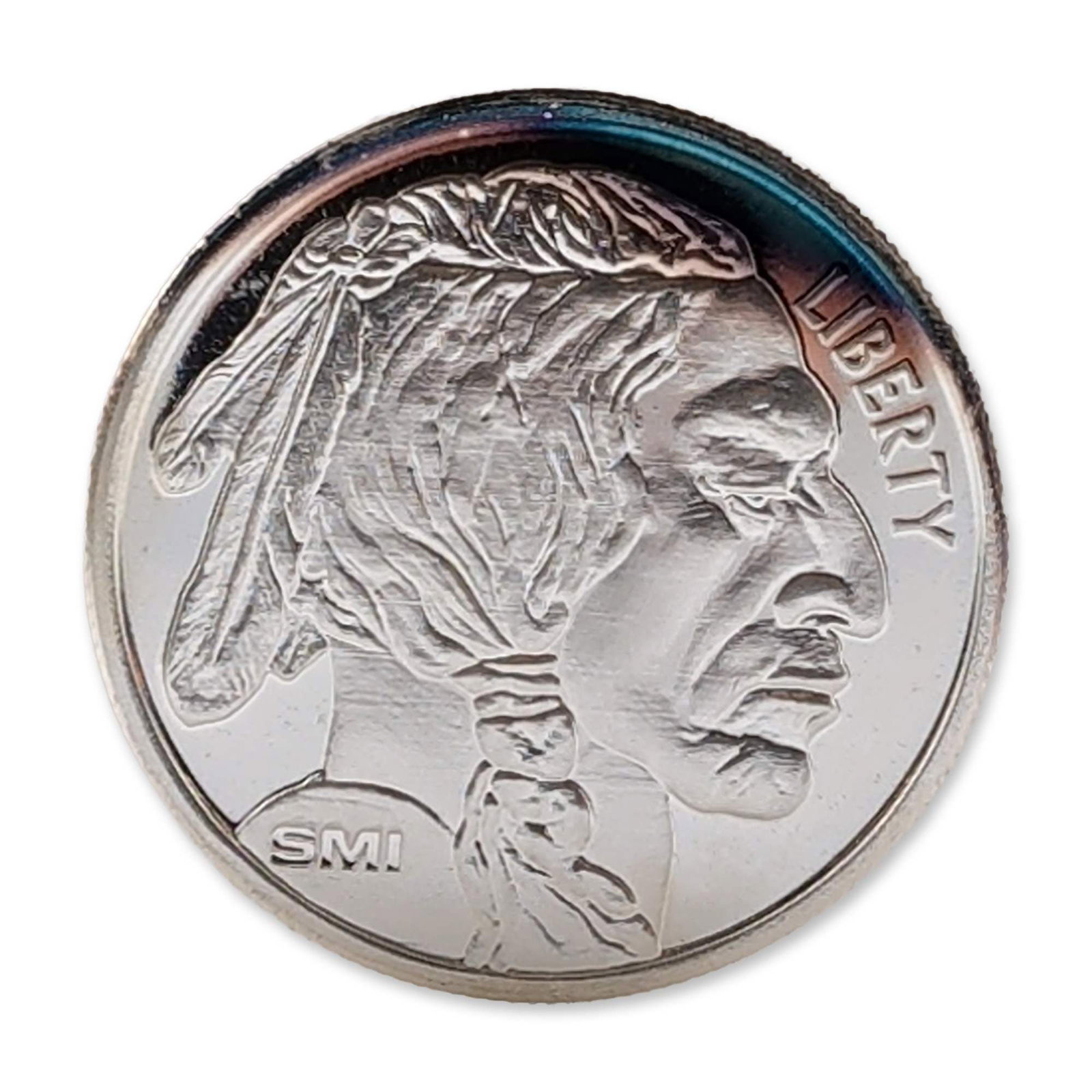 .999 Fine Silver Indian Buffalo Round: Sunshine Minting Inc. (SMI) silver bullion round in .999 fine silver. The obverse features a profile portrait of a Native American man facing right with the inscription LIBERTY and the SMI mint mark c