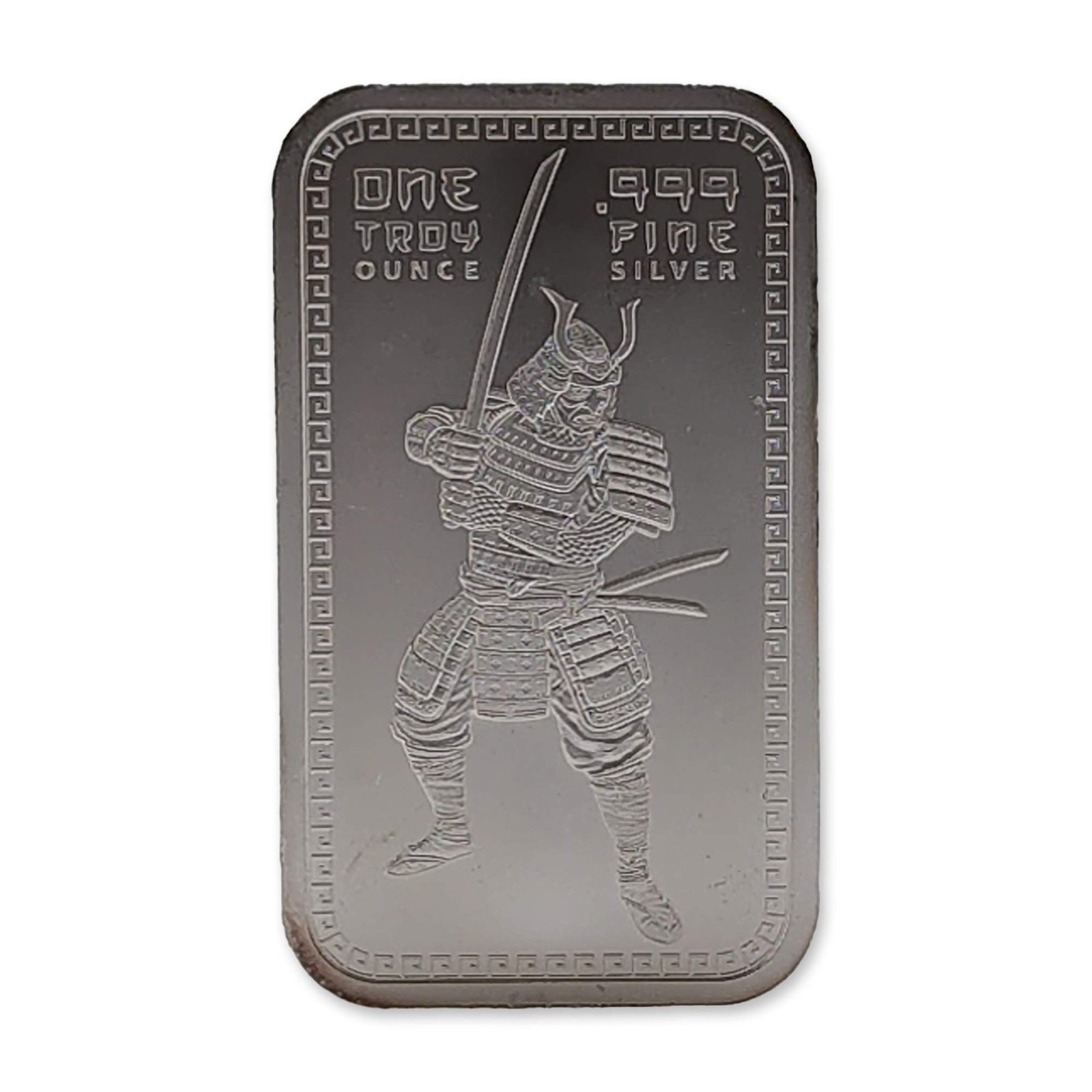 Samurai Warrior 1 oz .999 Fine Silver Bullion Bar: One troy ounce silver bullion bar in .999 fine silver. The obverse features a samurai warrior in traditional armor wielding a katana. The reverse displays an all-over repeating geometric motif of inte