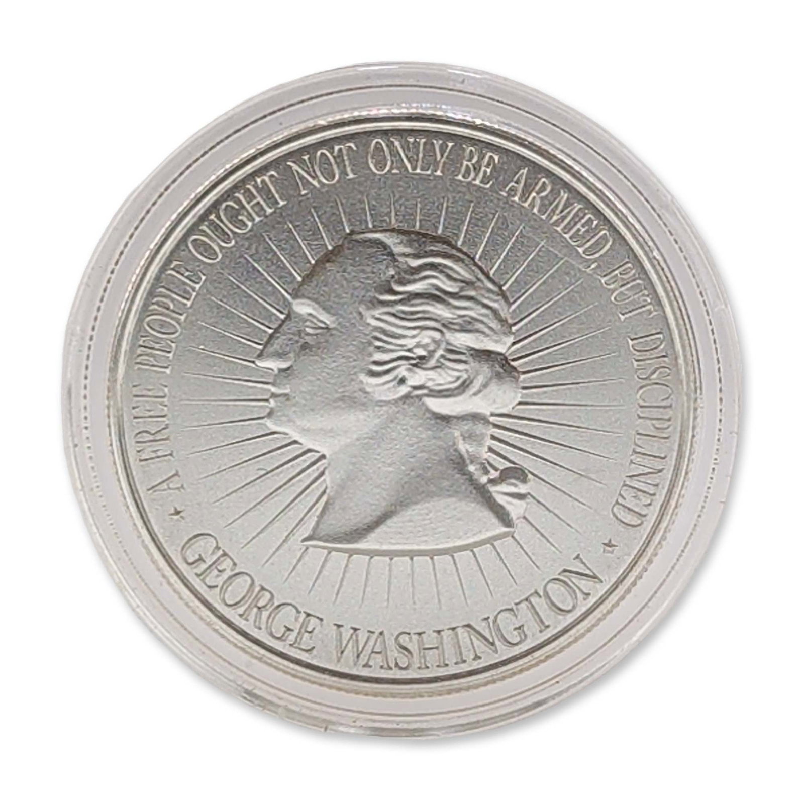 US 1 oz .999 Fine Silver 2nd Amendment Round: US silver bullion round struck in .999 fine silver. Obverse features a right-facing profile portrait of George Washington set against a sunburst background, with the peripheral legend transcribing as 