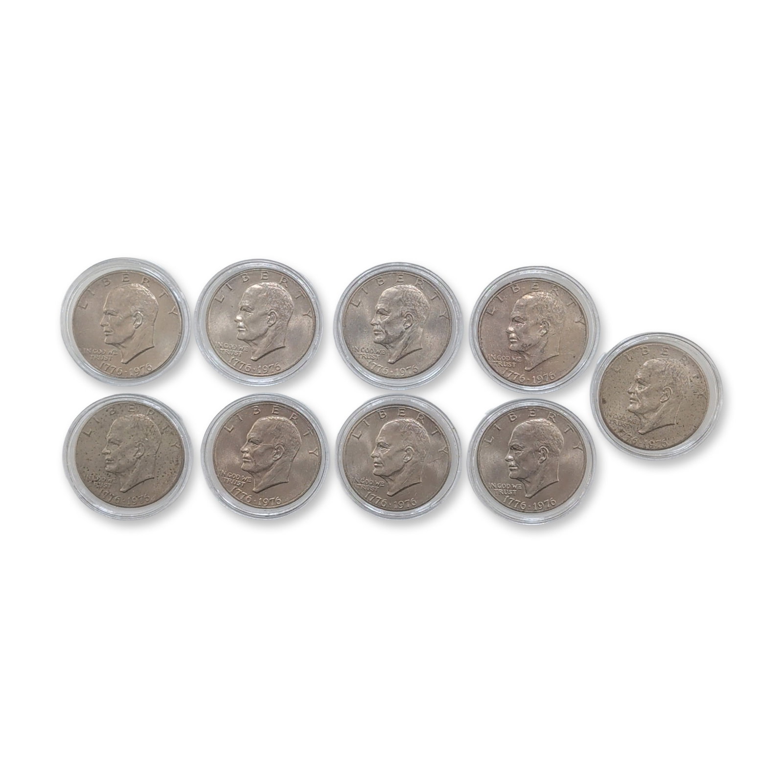 9pc US 1776-1976 D Bicentennial Eisenhower Dollars: US Bicentennial commemorative Eisenhower dollars, struck in copper-nickel clad composition. Obverse features the profile portrait of Dwight D. Eisenhower with dual date 1776-1976 and D mint marks indi