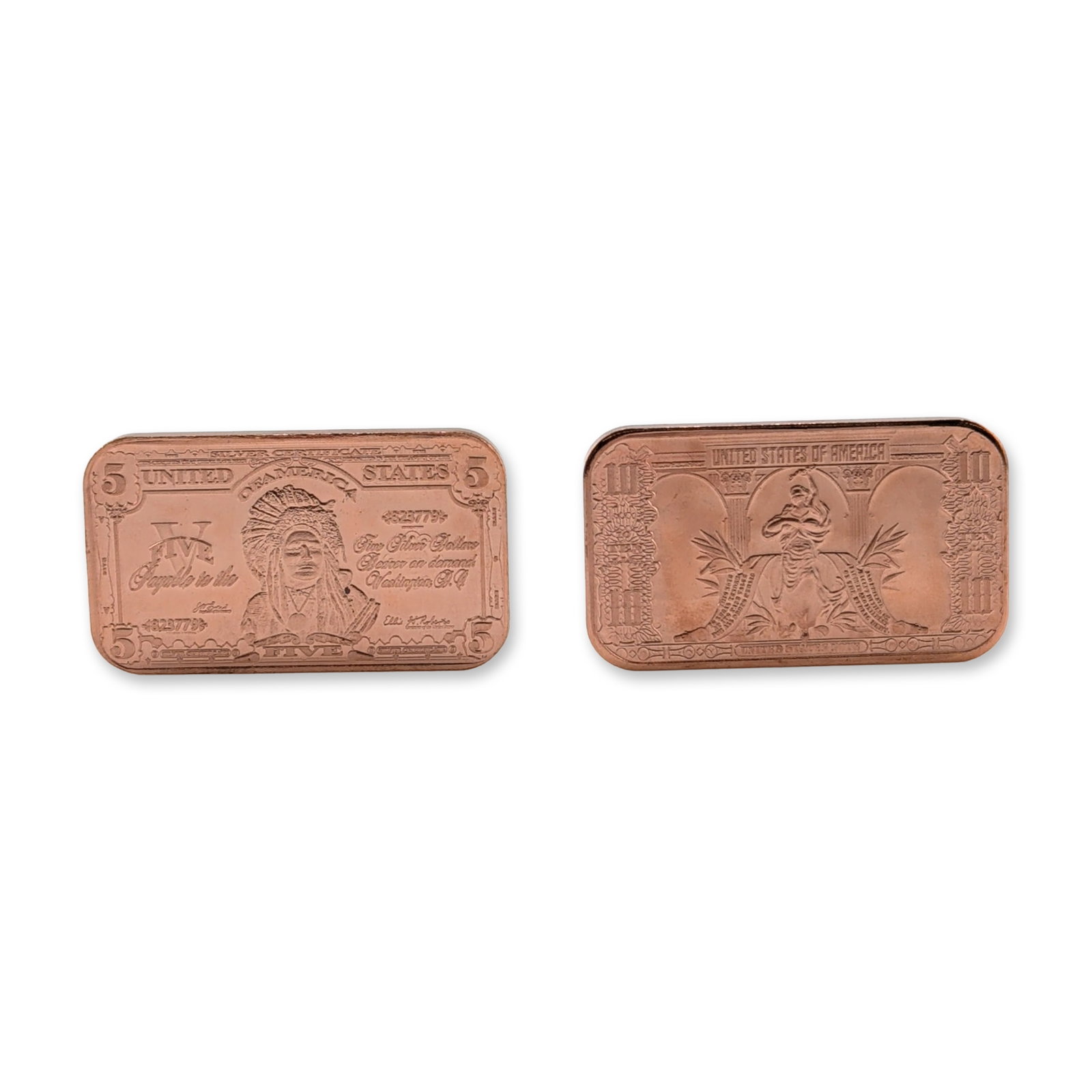 2pc .999 Fine Copper Tribute Bullion Bars: Pair of private mint numismatic bullion bars in .999 fine copper, designed as tributes to historic United States banknotes. The first bar features the 1901 $10 Legal Tender Buffalo note design depicti