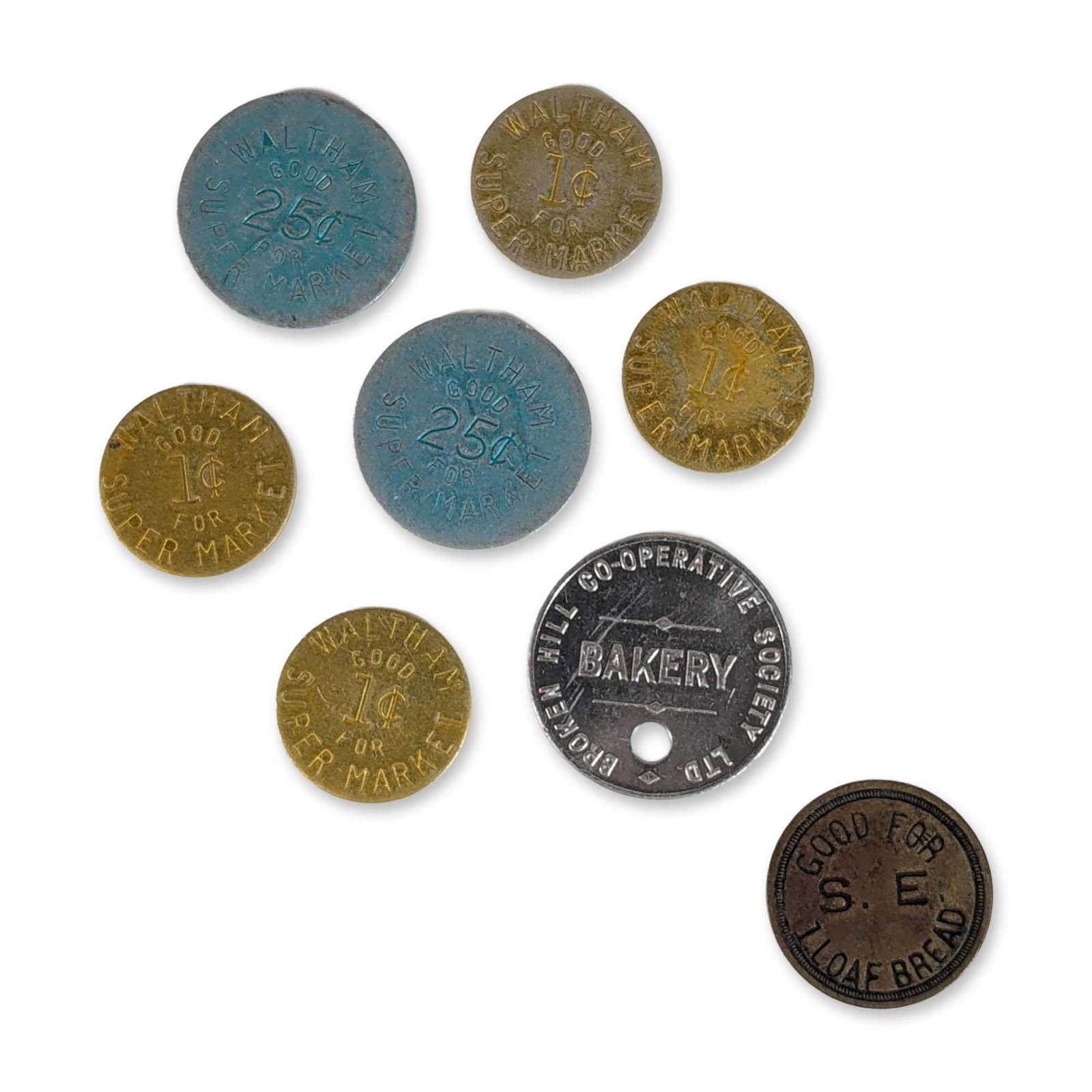 Group of Eight US and AU Grocery and Bakery Trade Tokens (1 of 3)