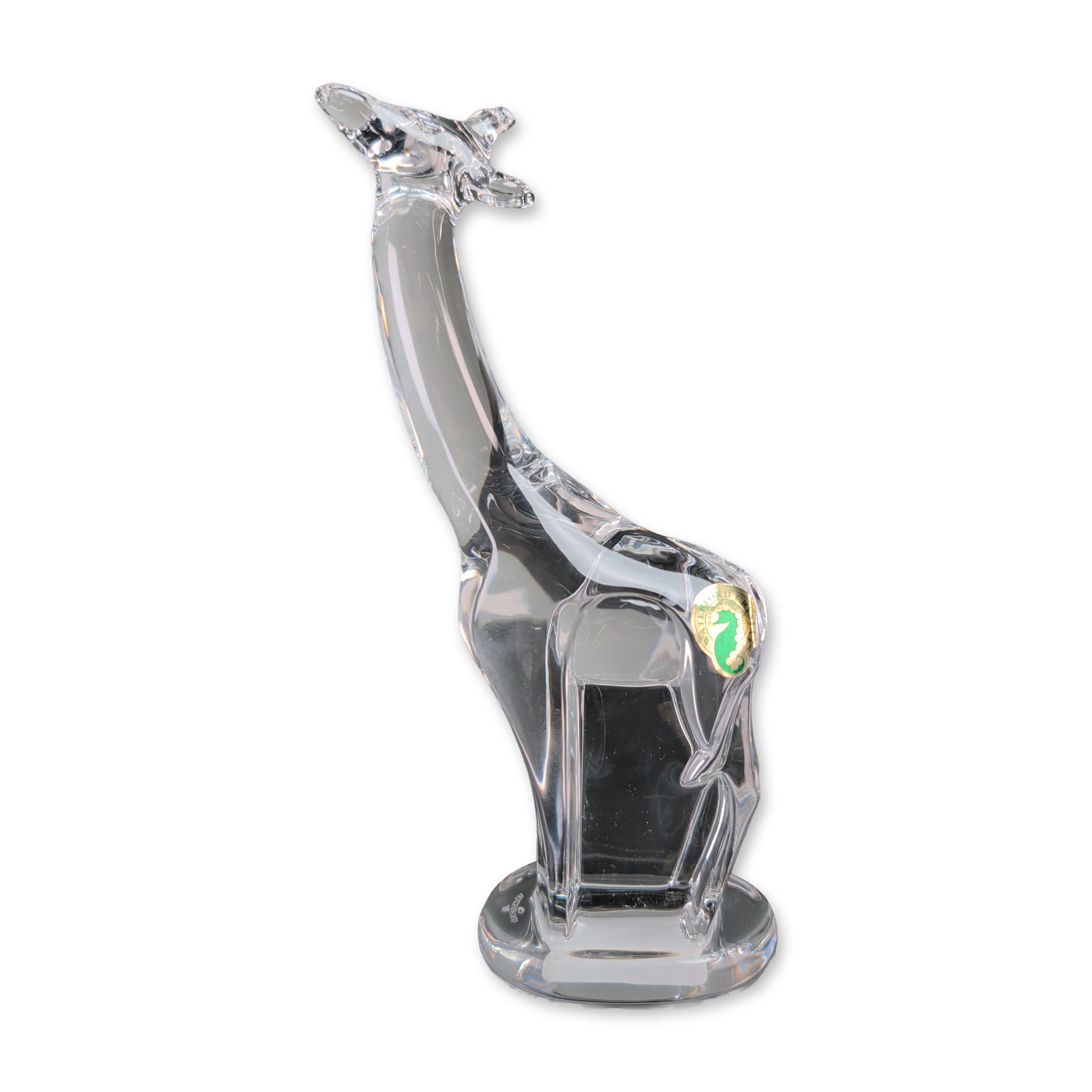 Waterford Crystal Africa Giraffe Figurine: Waterford Crystal giraffe figurine in lead crystal from the Africa series, featuring a stylized modern form and polished finish. The base displays an acid-etched Waterford seahorse mark. The piece ret