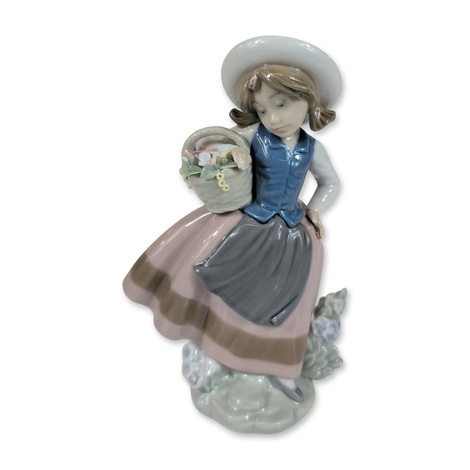 Lladro Sweet Scent Porcelain Figurine 5221: Lladro porcelain figurine, model number 5221, titled Sweet Scent or Linda Con Cesta. The glazed figure depicts a young girl wearing a wide-brimmed white hat, a blue bodice, and a full pink skirt with 