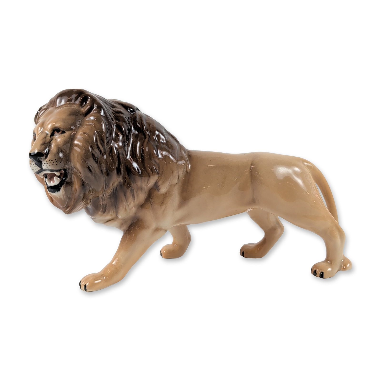Beswick England Glazed Ceramic Lion Figurine: Beswick, England ceramic figurine depicting a roaring male lion. The piece is finished in a high-gloss glaze featuring a tawny golden-brown body and a dark chocolate brown mane. Modeled in a standing