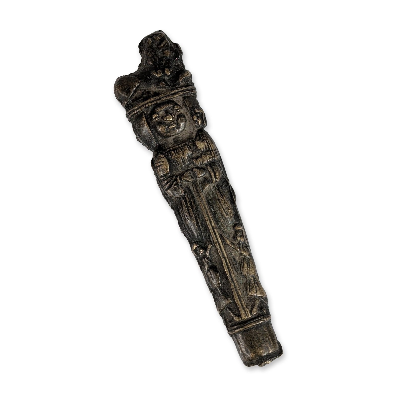 Southeast Asian Style Cast Brass Ritual Handle Figure: Southeast Asian style cast brass alloy handle or ritual implement fragment, likely 19th or early 20th century. The tapered cylindrical form features ornate relief carvings throughout. The wide