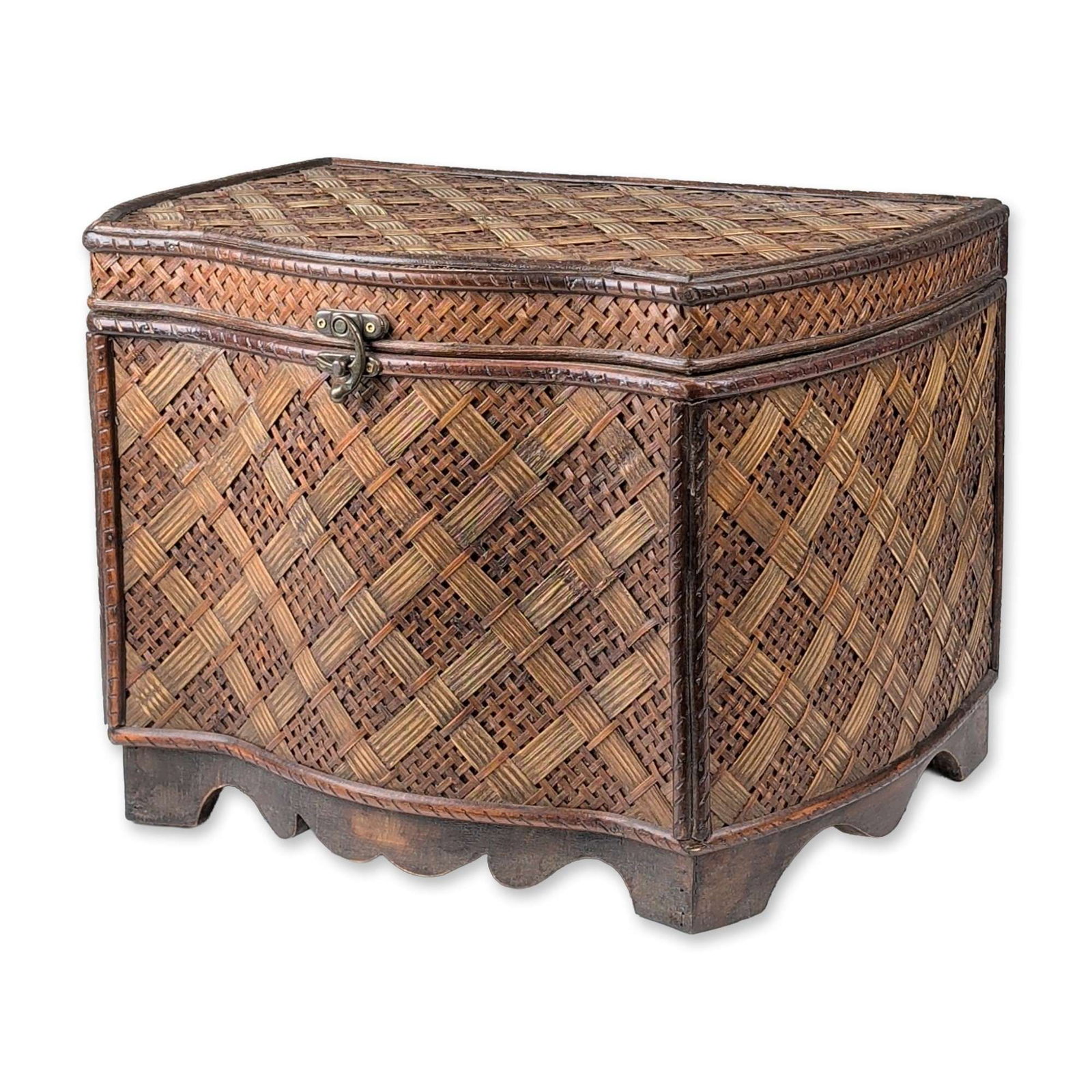 Woven Rattan and Wood Domed Chest: Chinese style lidded storage chest featuring an intricate multi-tonal woven rattan exterior over a wooden frame. The chest is designed with a multi-faceted domed lid and is mounted on a dark-stained w
