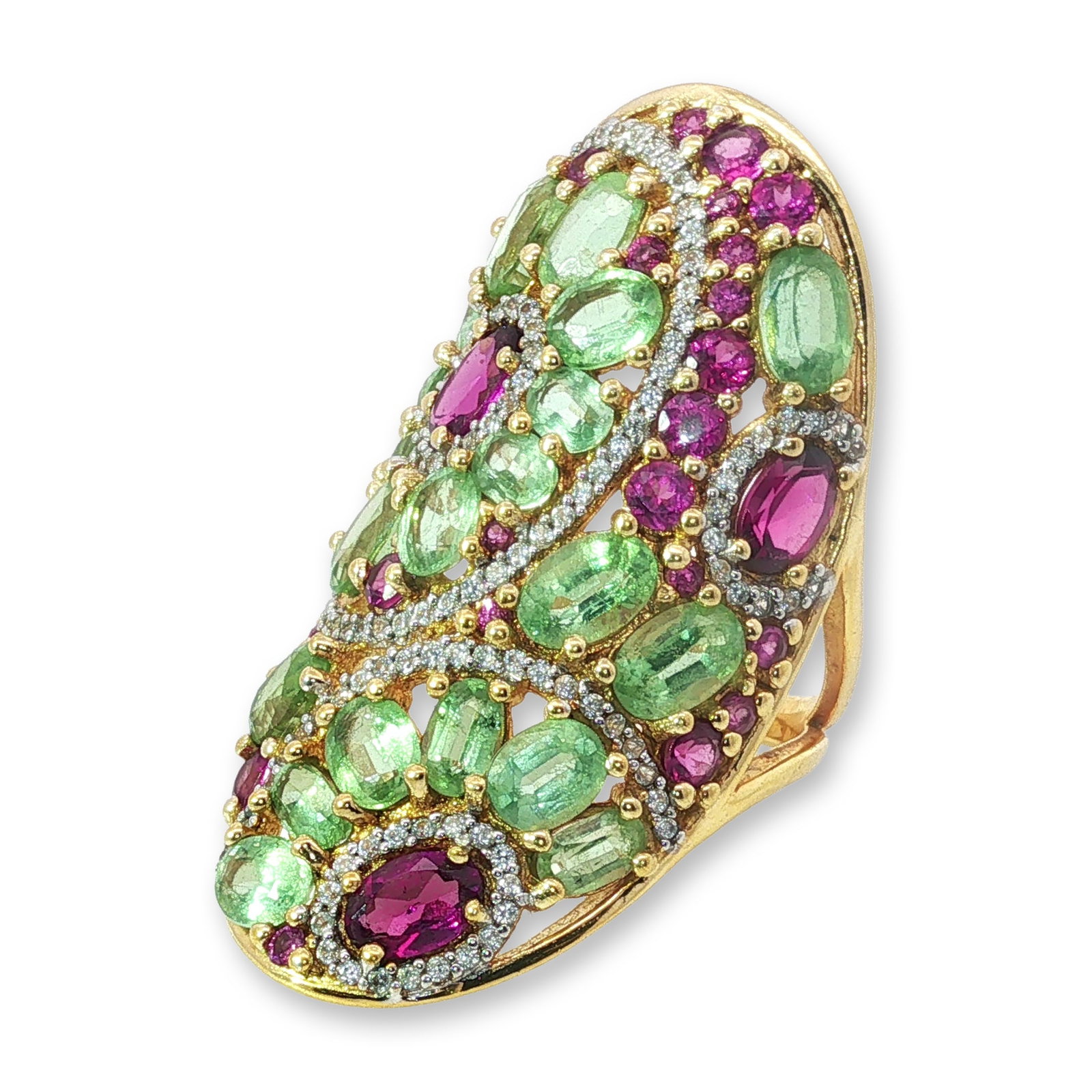 Gold Plated Sterling Silver Multi-Gemstone Ring: Multi-gemstone cocktail ring in gold-plated sterling silver, featuring an elongated shield-form face with a curved bypass design. The setting is mounted with multiple oval-cut light green gemstones, l