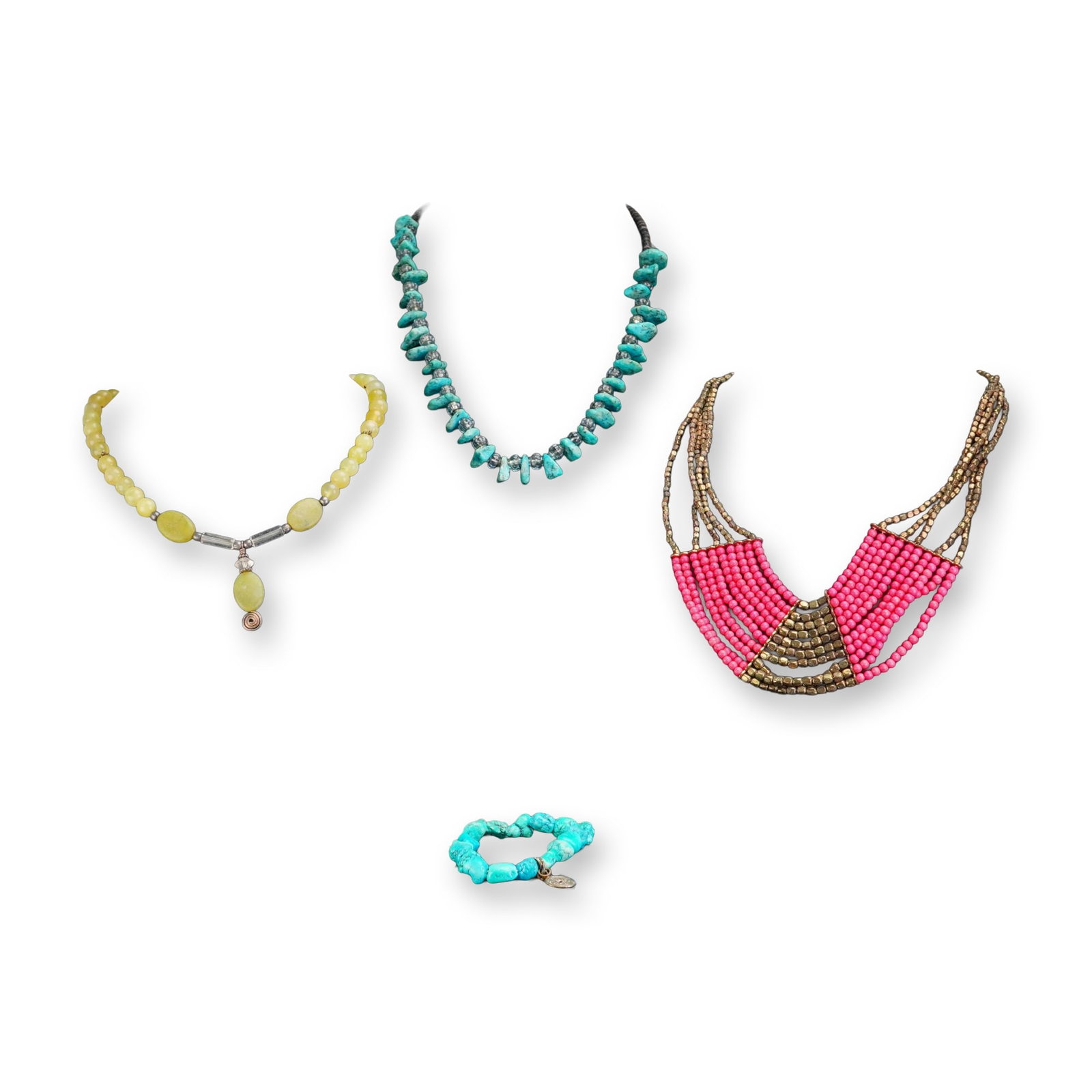4pc Collection of Faux Turquoise and Beaded Costume Jewelry: Collection of costume jewelry including assorted necklaces and a bracelet. The grouping features a multi-strand bib necklace composed of round pink beads and gold-tone geometric metal accents, a