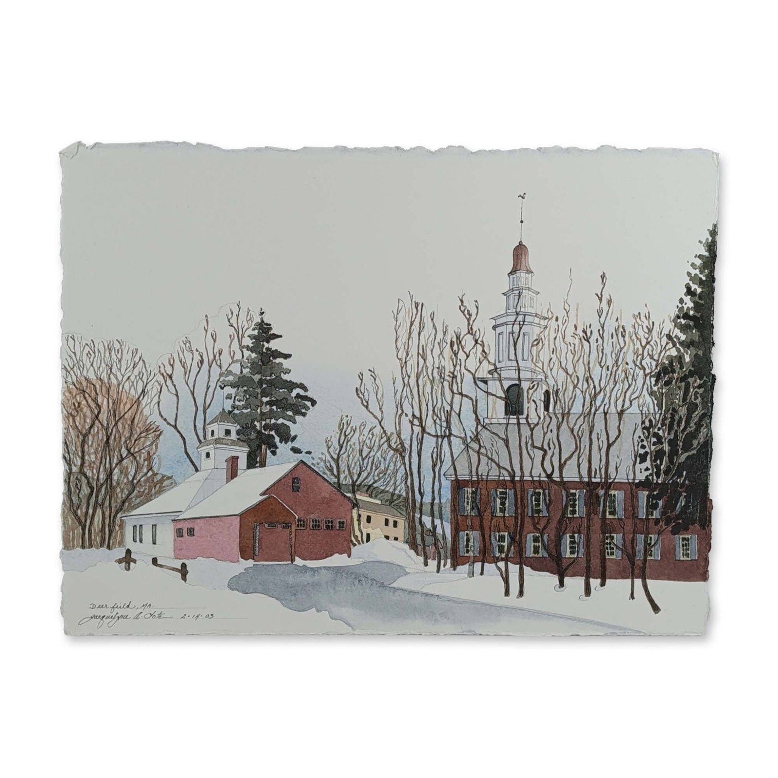 Jacquelyne A. Lotz (American, b. 1935) Original Watercolor on Paper, Deerfield MA., Signed: Scenic winter landscape depicting Deerfield, Massachusetts, rendered in watercolor and ink on heavy cream paper with deckled edges. The composition illustrates historic brick and clapboard buildings w