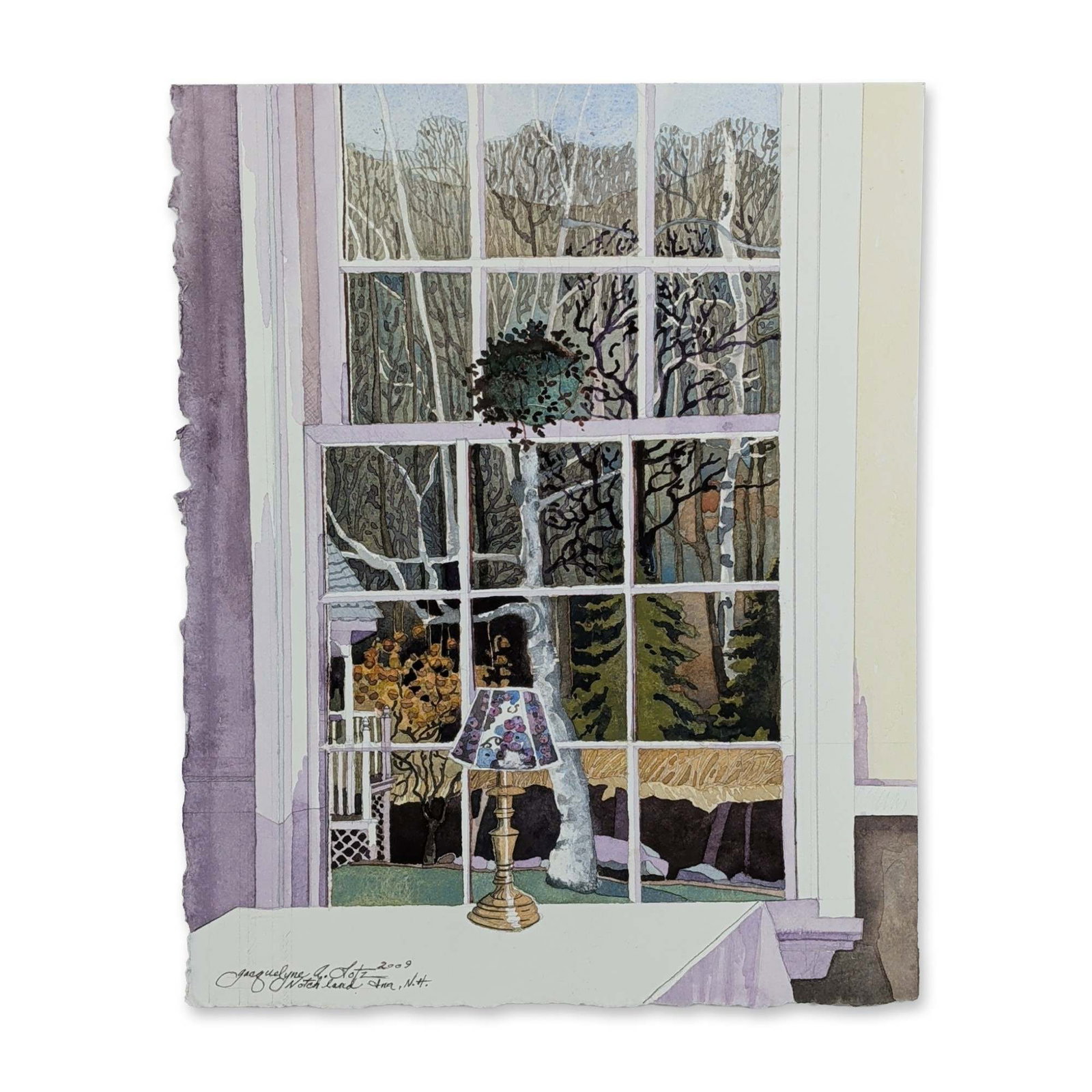 Jacquelyne A. Lotz (American, b. 1935) Original Watercolor on Paper, Notchland Inn NH, Signed: Watercolor and gouache on heavy textured paper with deckle edges, featuring a multi-paned window view from the Notchland Inn in New Hampshire. The composition depicts an interior windowsill with a bra