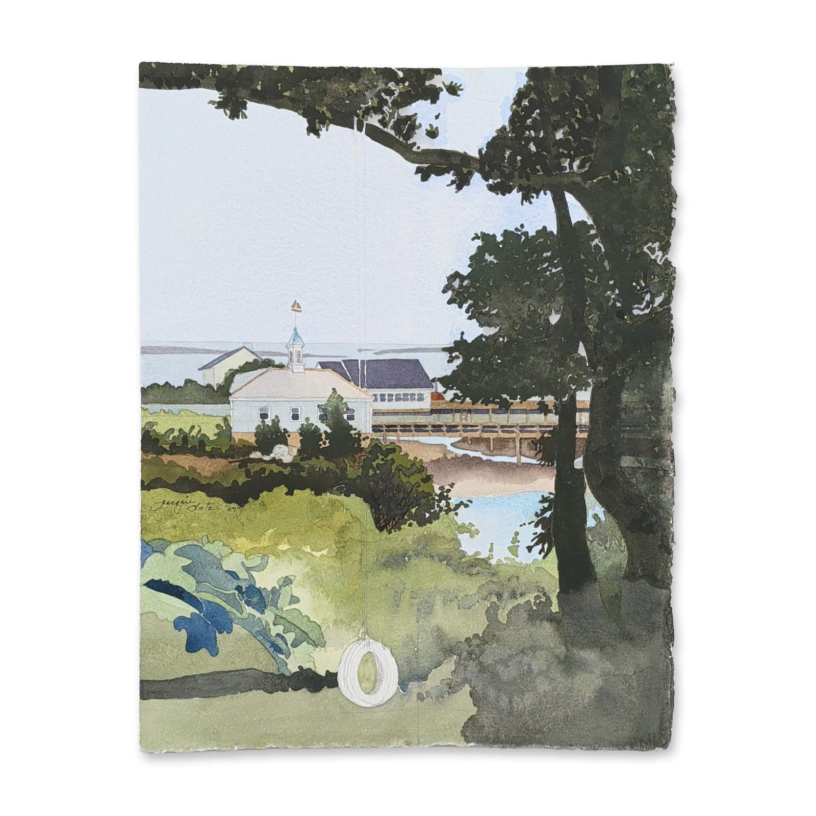 Jacquelyne A. Lotz (American, b. 1935) Original Watercolor on Paper, Signed: Coastal landscape in watercolor on heavy, cream-colored paper with deckled edges. The composition depicts an East Coast lifesaving station or seaside pavilion framed by dark trees on the left, with a 