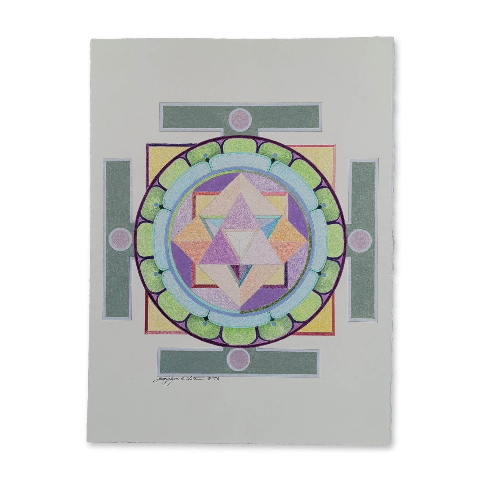 Jacquelyne A. Lotz (American, b. 1935) Original Color Pencil on Paper, Signed: Jacquelyne A. Lotz (American, 20th century). Yantra drawing in colored pencil on heavy white wove paper, depicting a complex geometric composition with a central hexagram, nested triangles, concentric
