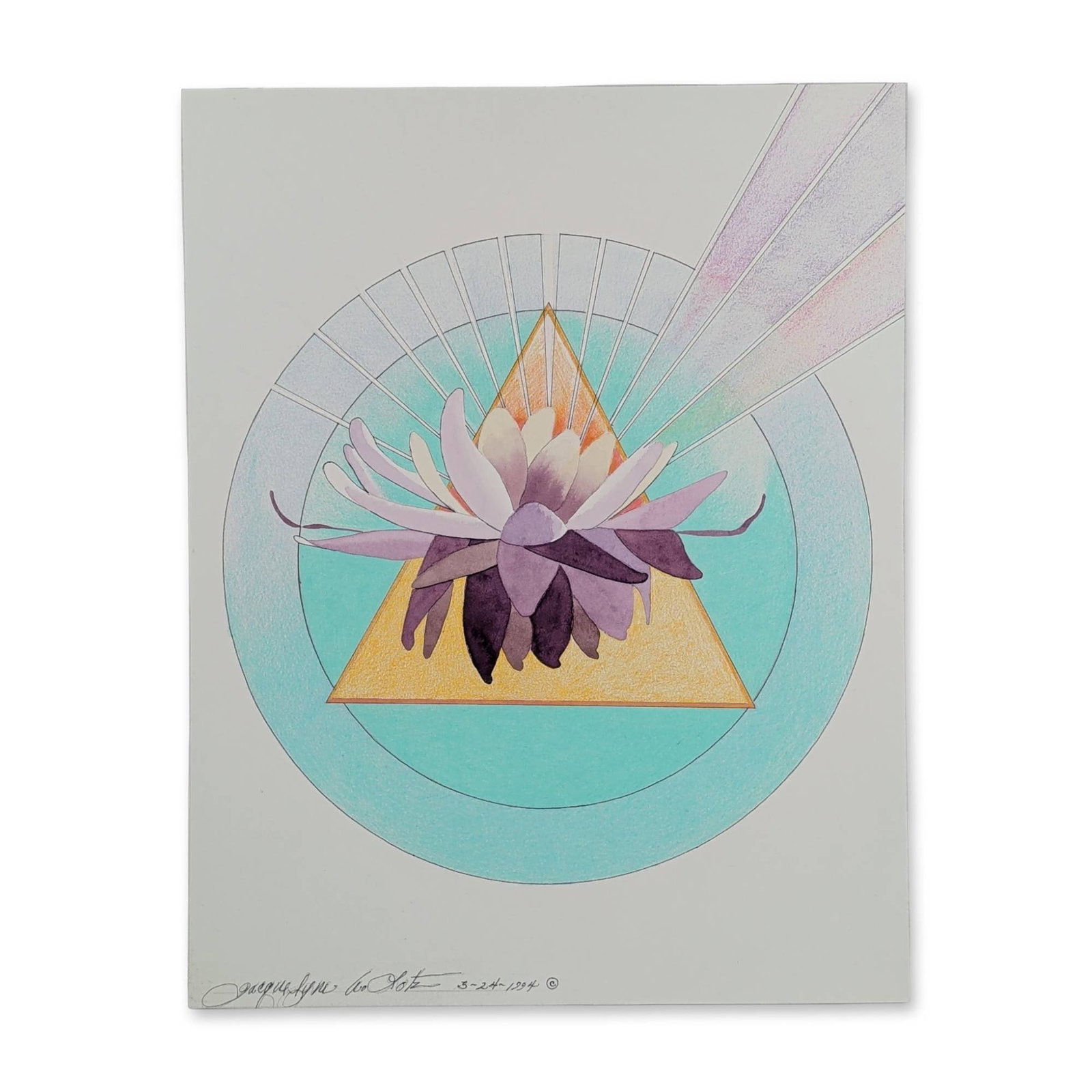 Jacquelyne A. Lotz (American, b. 1935) Original Mixed Media on Paper, Signed: Abstract floral composition in mixed media on heavy paper, using watercolor and colored pencil. The central motif depicts a stylized multi-petaled flower in purple tones superimposed over a geometric 