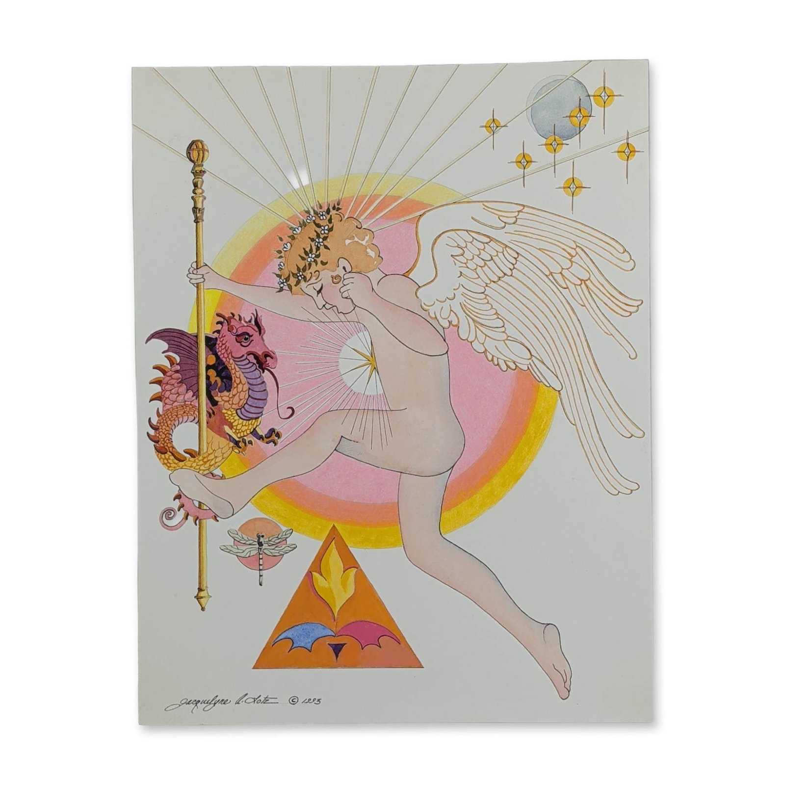 Jacquelyne A. Lotz (American, b. 1935) Orignail Mixed Media on Paper, Mercury, Signed: Mixed media illustration on smooth white wove paper titled Angel of Illumination & Purifying - Mercury. The allegorical work features a winged nude male figure wearing a floral wreath, soaring over a 