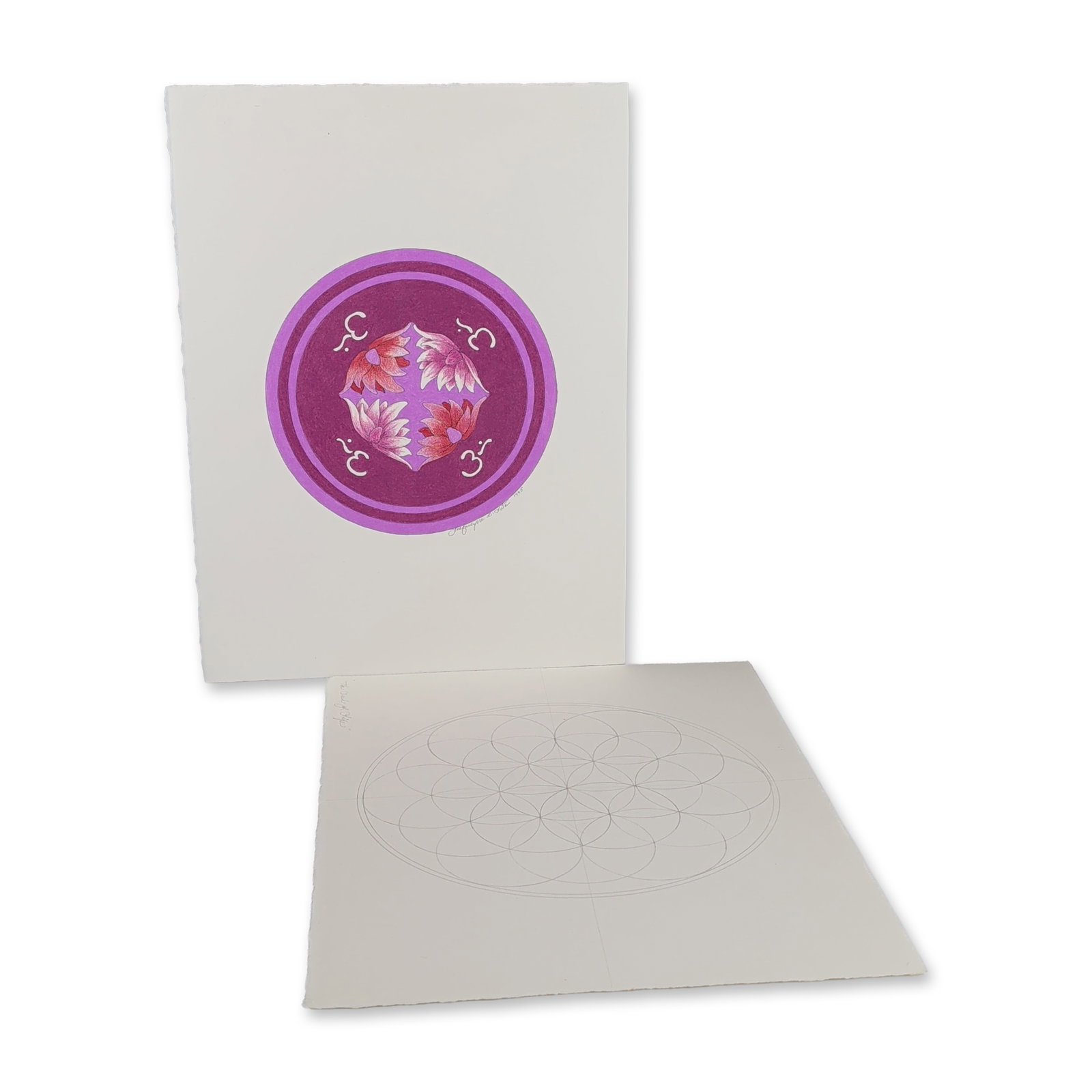 2pc Jacquelyne A. Lotz (American, b. 1935) Original Mixed Media on Paper, The Still Point, Signed: The first piece, titled The Still Point, is a finished mandala-style composition depicting four stylized lotus flowers in shades of pink and red, surrounded by four white Om symbols set against a circ