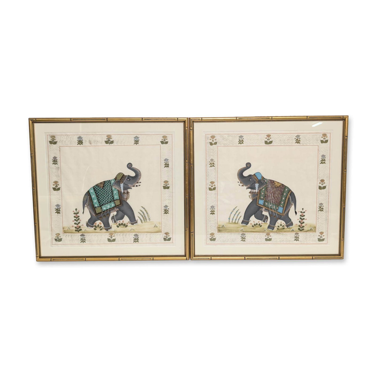 Pair of Indian Mughal Style Elephant Silk Paintings Framed (1 of 7)