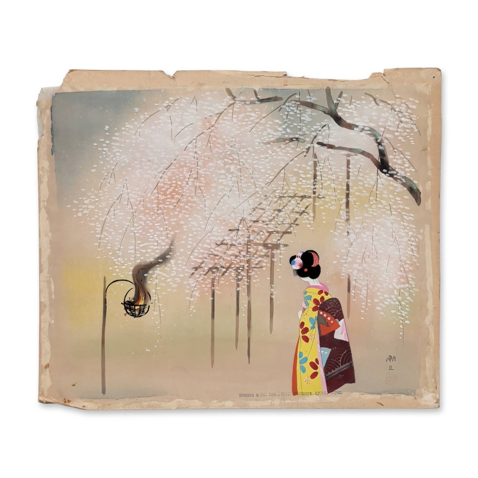 Japanese Gouache and Ink on Fabric, Cherry Blossom Garden Scene, Signed: Japanese mixed media ink and gouache print on fabric. The scene depicts a maiko in a vibrant yellow and maroon patterned kimono walking through a spring garden at twilight, surrounded by cherry blosso