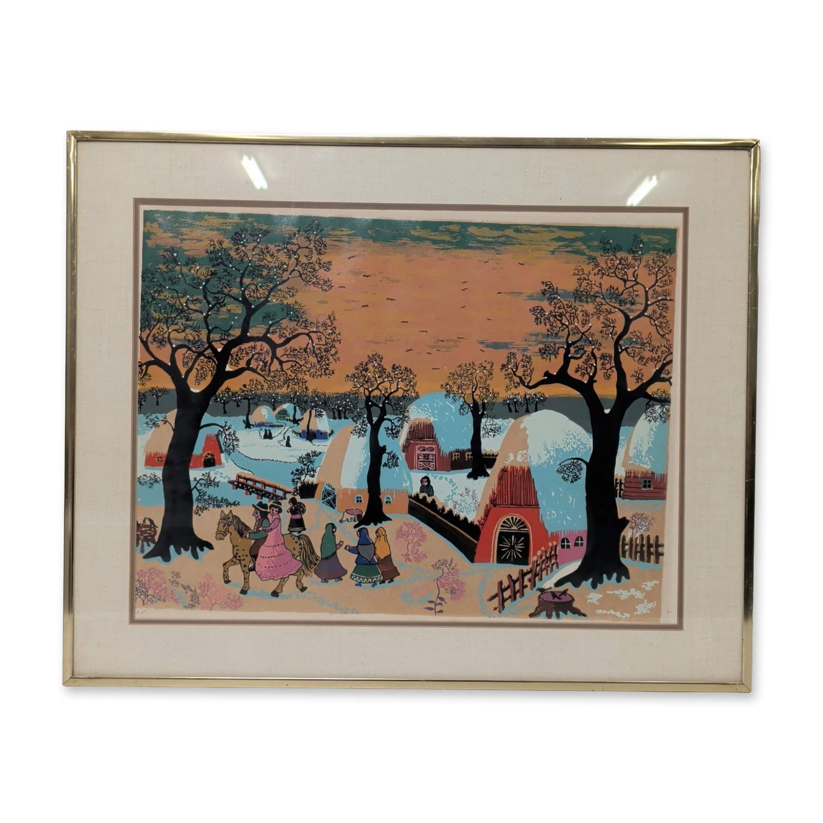 Janet Dubois (Ukrainian 20th-21st century) Artist Proof Lithograph on Paper, Signed: Janet Dubois (Ukrainian 20th-21st century) lithograph on paper, titled Snowy Village, depicting stylized figures in traditional Ukrainian attire within a village landscape. The composition features a 