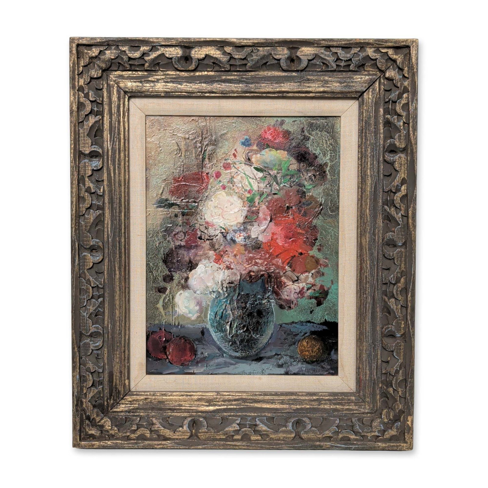 Oil on Board Painting, Floral Still Life, Signed: Abstracted floral still life in oil on hardboard, featuring heavy impasto and palette knife application. The composition depicts a central mass of floral forms in reds, creams, and greens, set against