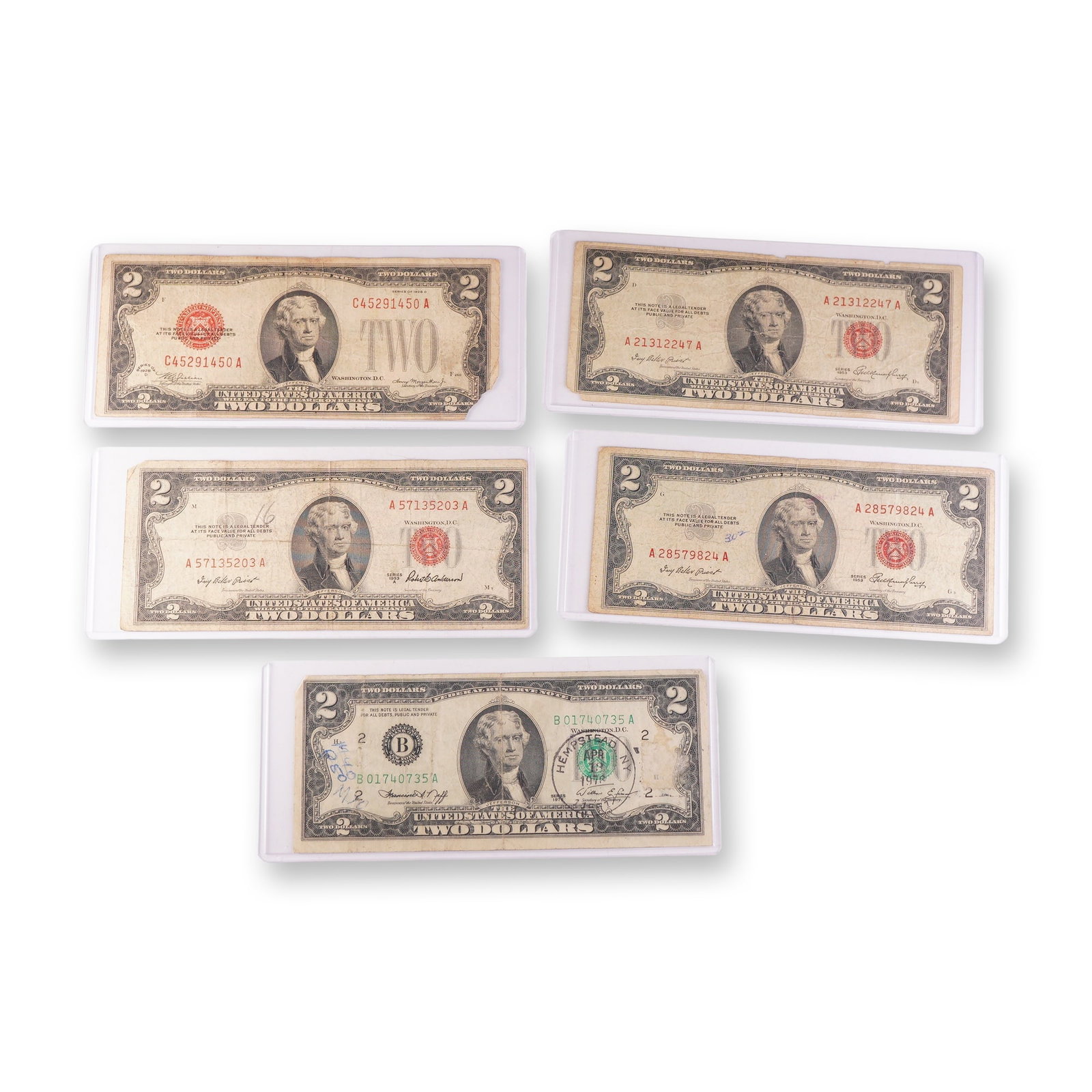 5pc 1928, 1958, & 1976 United States $2 Banknotes (1 of 2)
