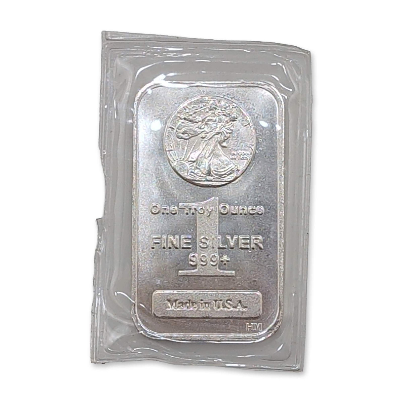 Highland Mint Walking Liberty 1 oz .999 Fine Silver Bullion Bar: Highland Mint silver bullion bar composed of 1 troy ounce of .999+ fine silver. The obverse features a rendition of the Walking Liberty motif above the text One Troy Ounce and a large numeral 1. Struc