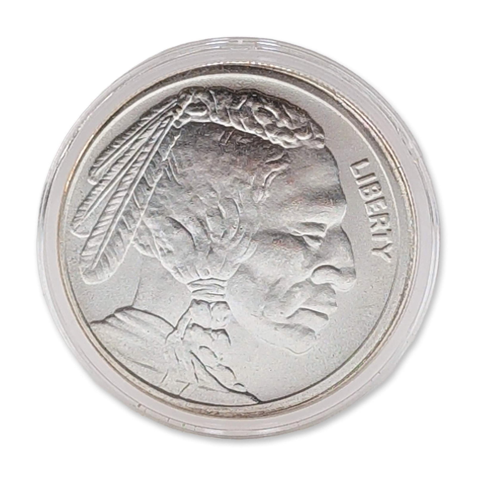 .999 Fine Silver Highland Mint Buffalo Round: Highland Mint silver bullion round in .9999 fine silver, featuring the US Buffalo Nickel design. Struck with a stylized HM monogram maker mark and inscriptions including LIBERTY, ONE TROY OUNCE, and .