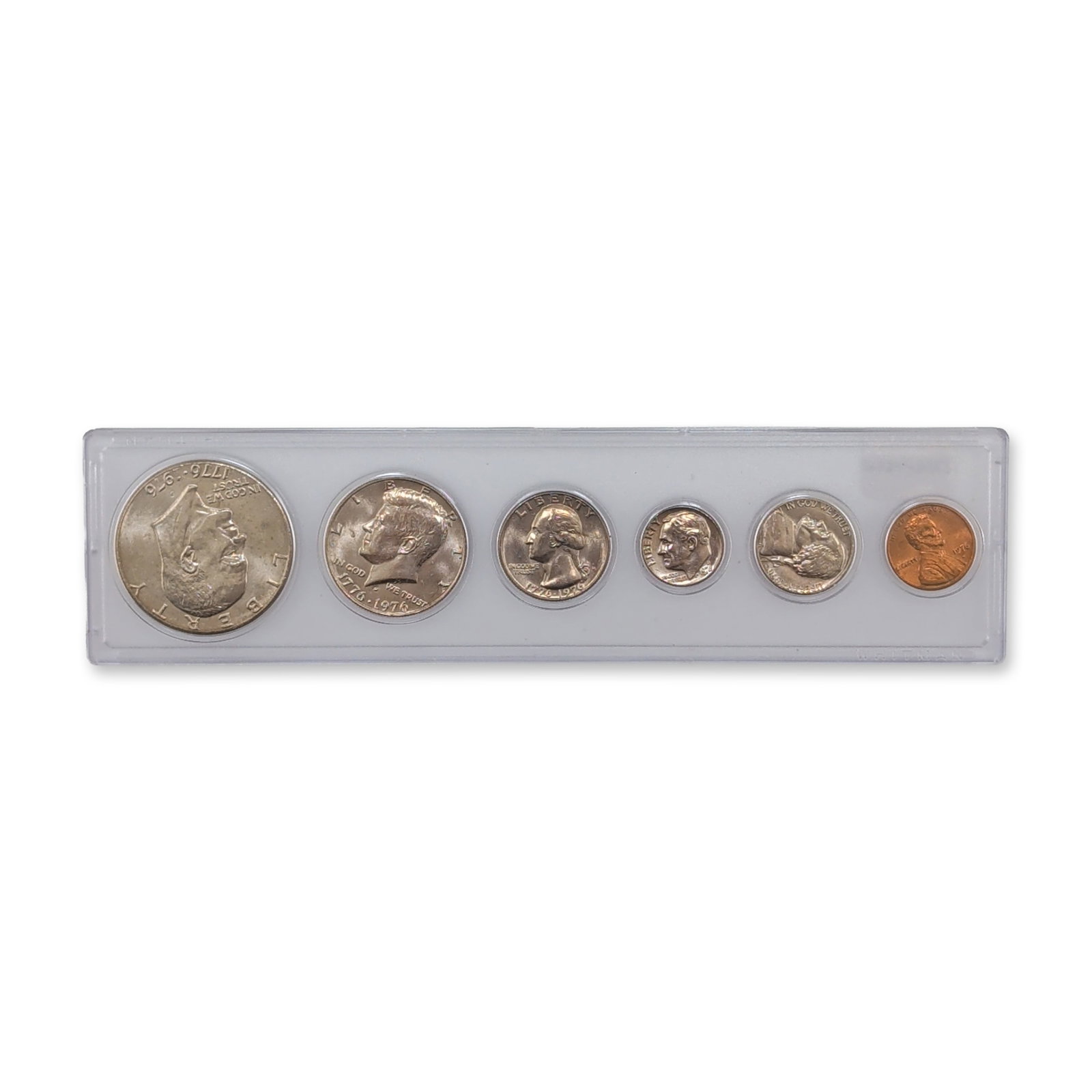 US 1976 D Bicentennial Six Coin Set: 1976 United States Bicentennial coinage set, including a Lincoln cent, Jefferson nickel, Roosevelt dime, and three dual-dated 1776"1976 circulating commemorative coins comprising a Washington quarter,