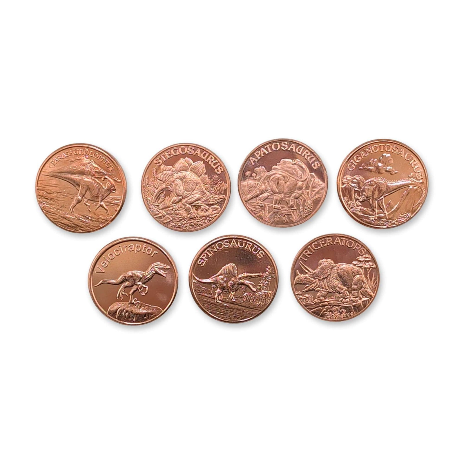 7pc US Dinosaur Copper Rounds: Modern US private-issue bullion rounds struck in .999 fine copper, featuring various prehistoric obverse motifs. The collection includes designs for Parasaurolophus, Stegosaurus, Apatosaurus, Giganoto