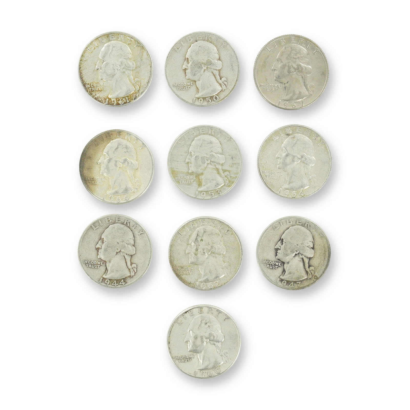 10pc Pre-1964 U.S. 90% Silver Washington Quarters: A Collection of Coins consisting of US Washington Quarters featuring a mixed date bag of specimens struck in 90% silver. The group includes issues from the Philadelphia and Denver Mints dating from 19