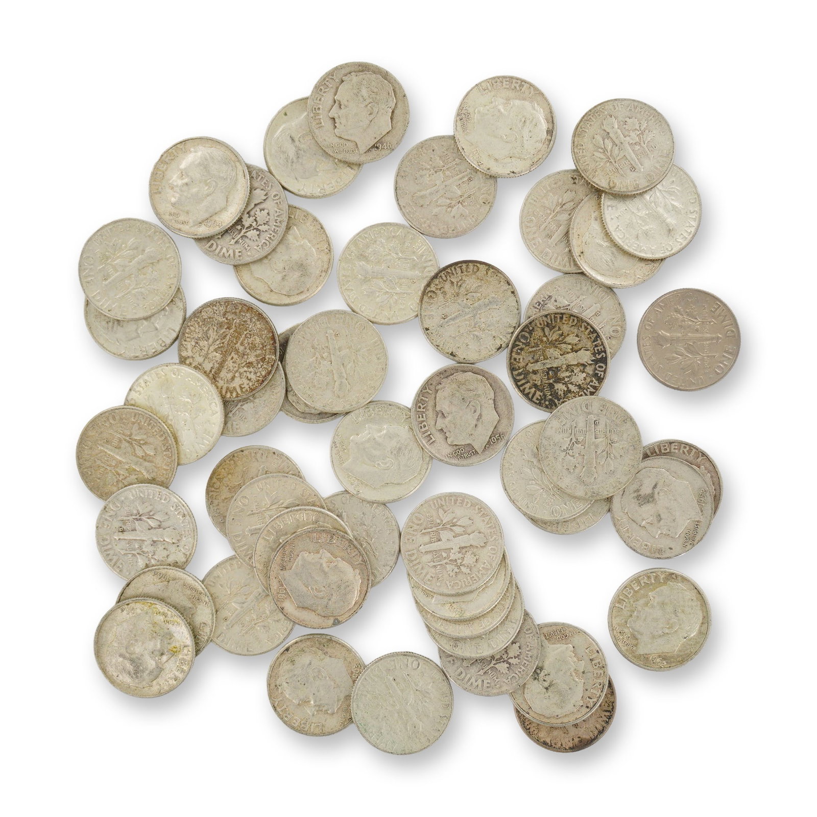 50pc Collection of US 90% Silver Roosevelt Dimes, Mixed Date Bag: A collection of US Roosevelt dimes, cataloged as a mixed date bag of 90% silver coinage. The assortment includes dates ranging from 1946 to 1964, representing the silver-composition era of the series.