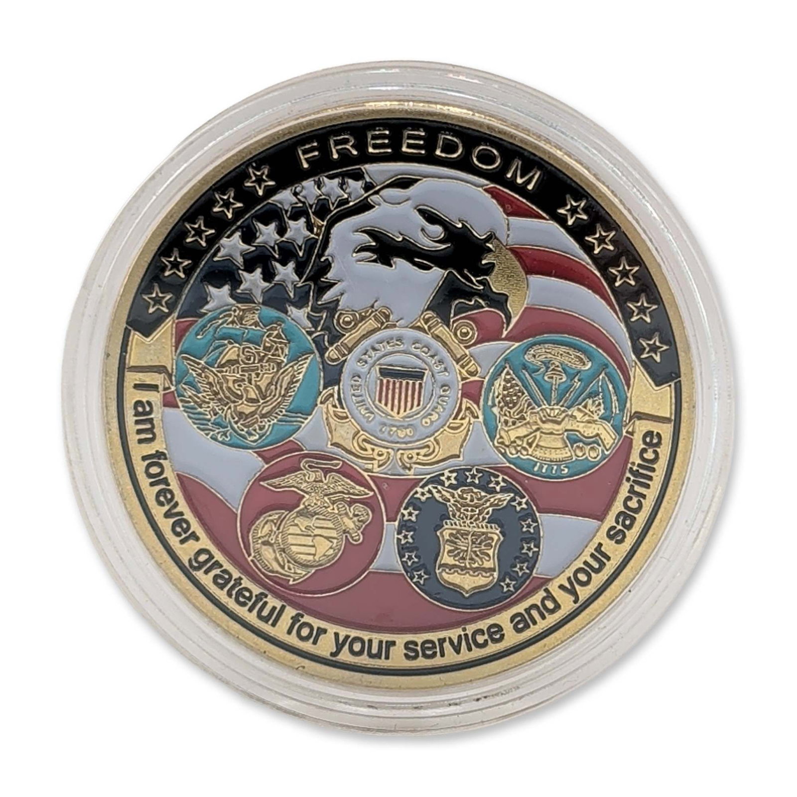 U.S. Proud Military Army Freedom Challenge Coin: Contemporary commemorative challenge coin in gold-tone metal with multi-color enamel highlights. The obverse features a central design honoring the five primary branches of the United States Armed For