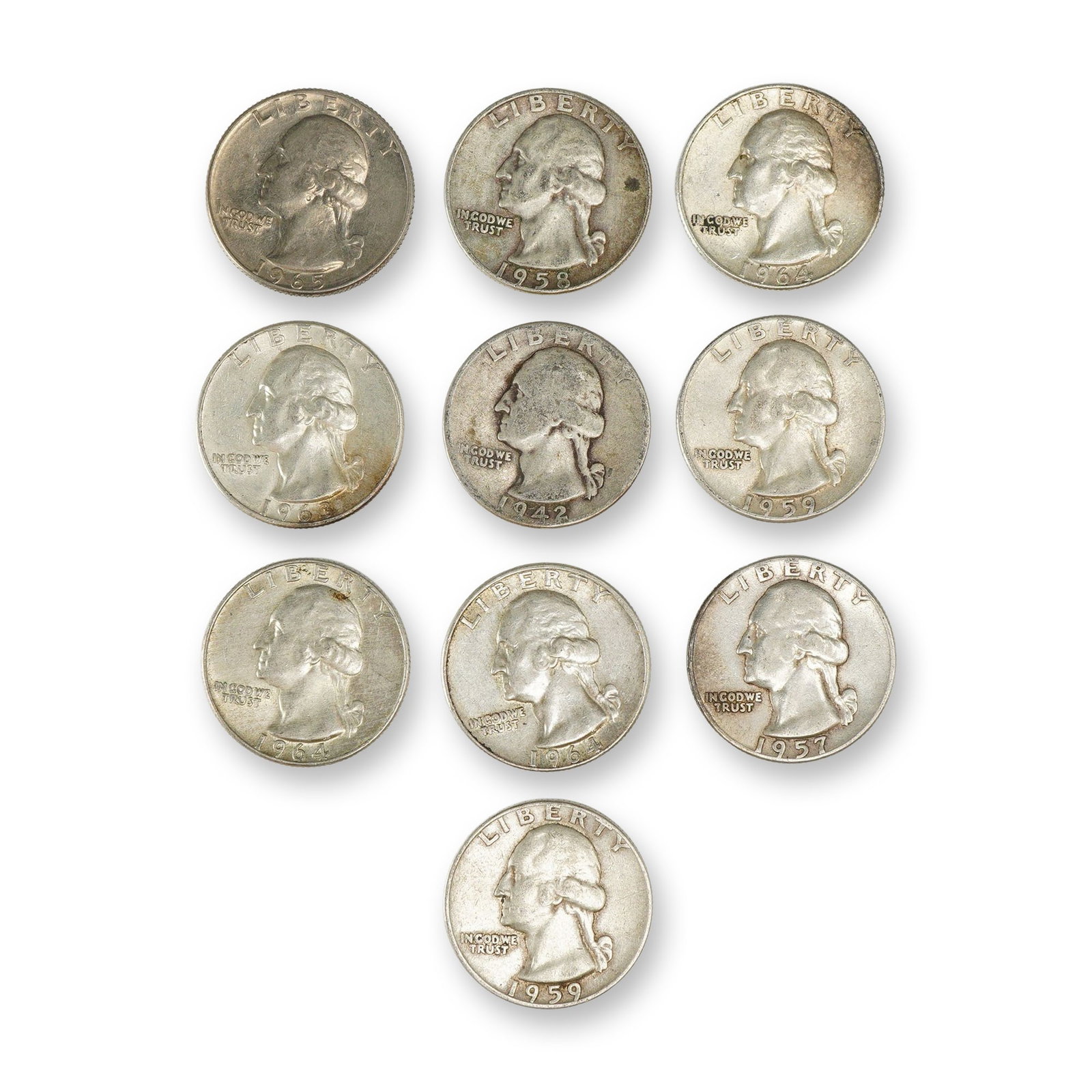 10pc Pre-1964 U.S. 90% Silver Washington Quarters (1 of 2)