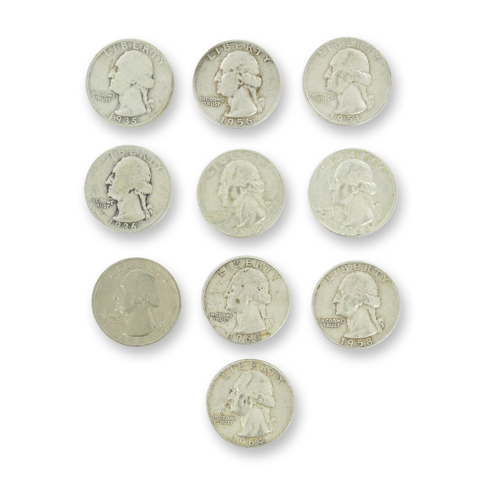 10pc Pre-1964 U.S. 90% Silver Washington Quarters (1 of 2)