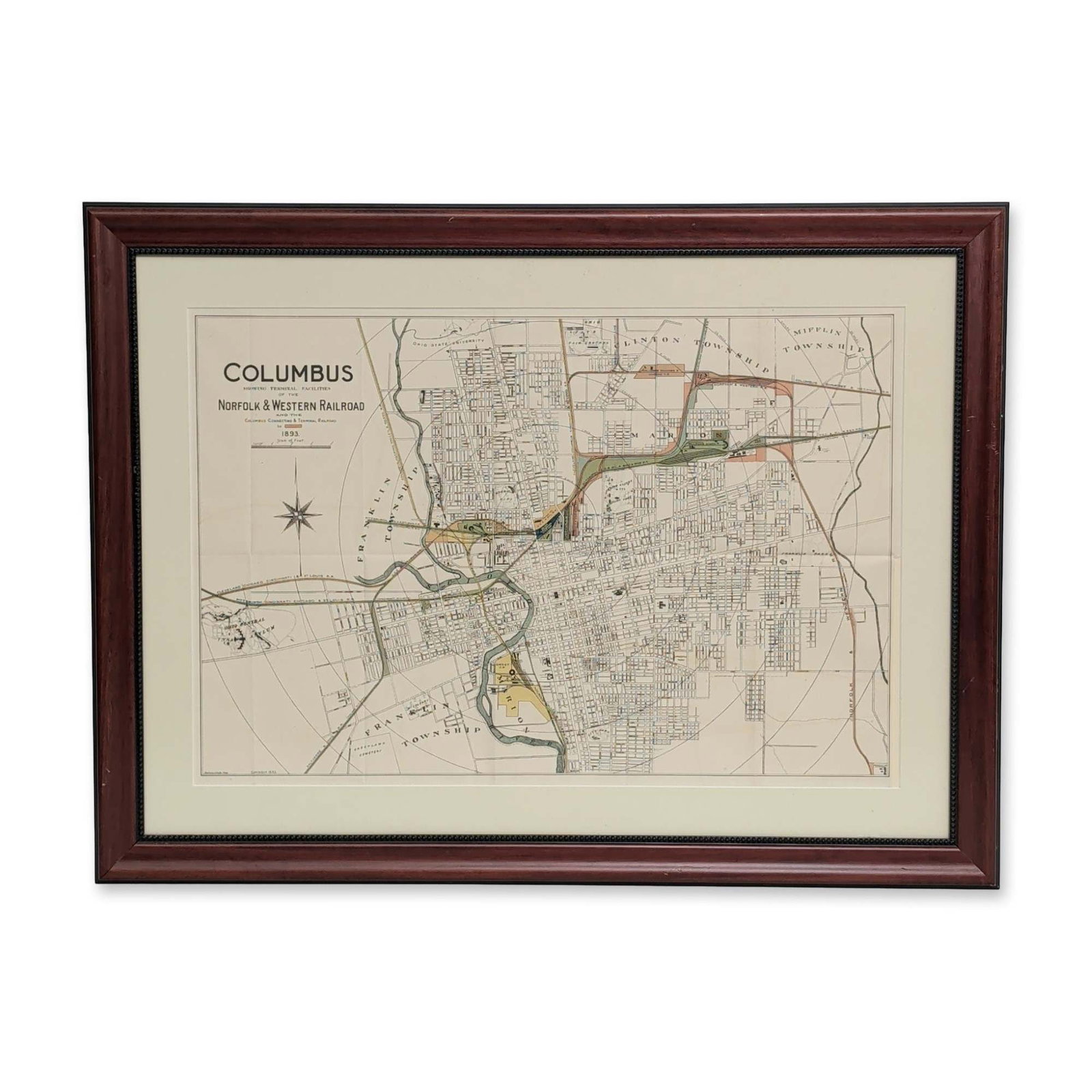 Columbus 1893 Framed Norfolk and Western Railroad Terminal Facilities Map (1 of 4)