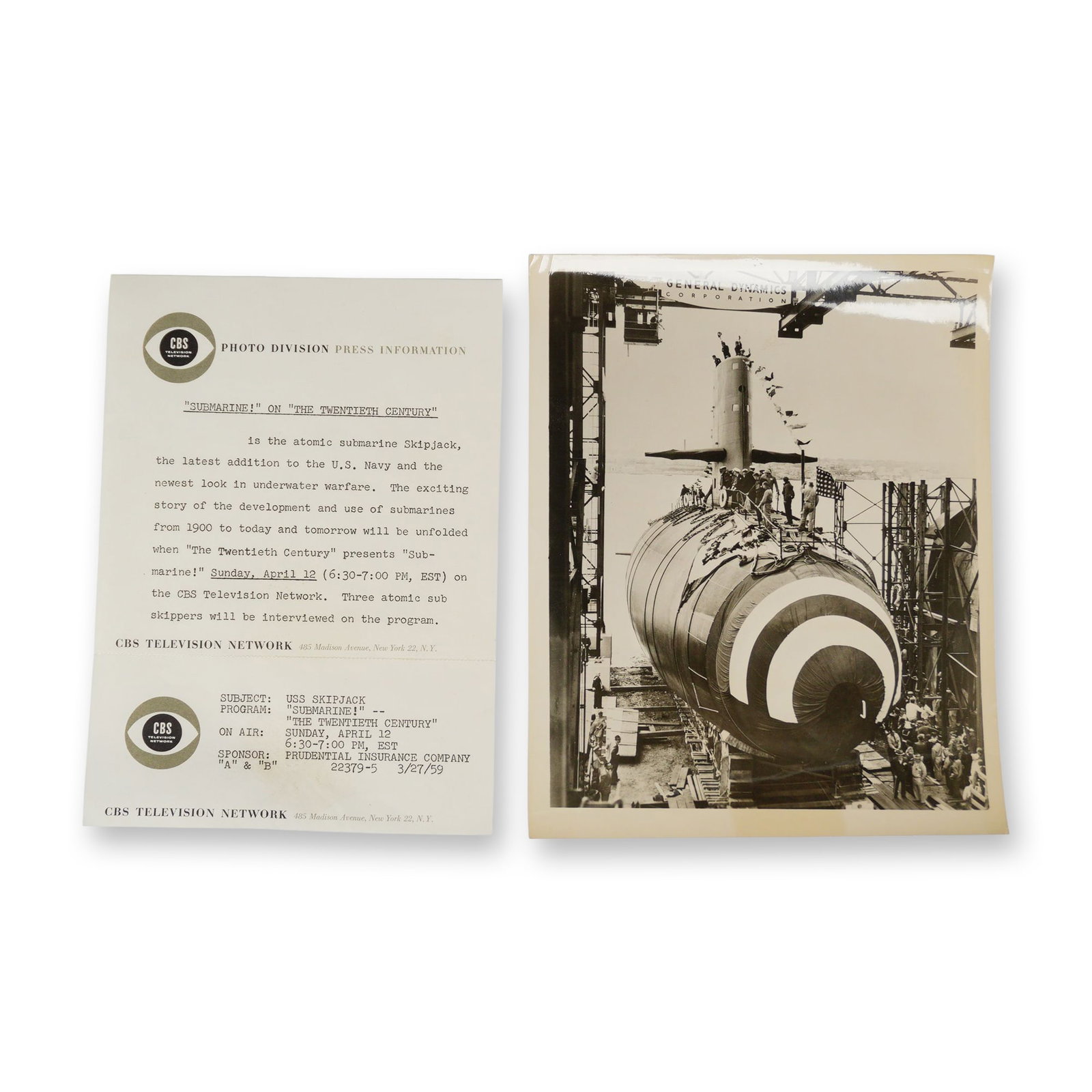1959 CBS News "The Twentieth Century" Press Kit Photo & Release - USS Skipjack Nuclear Submarine (1 of 3)