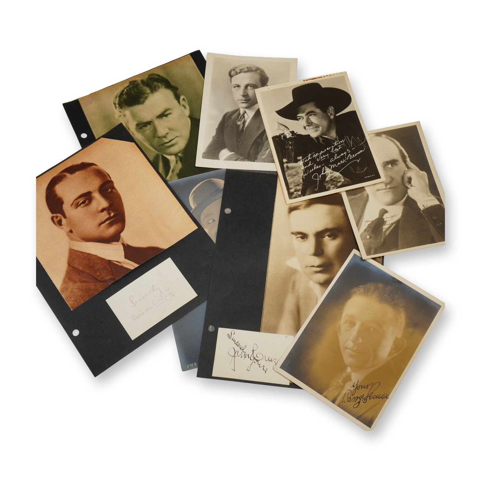 Lot of 8 Vintage Silent Film Era Leading Men & Comedian Portraits, Some Signed: A compelling collection of eight original vintage promotional studio portraits and signed ephemera celebrating the prominent male actors, dramatic stars, and slapstick comedians of early Hollywood's s