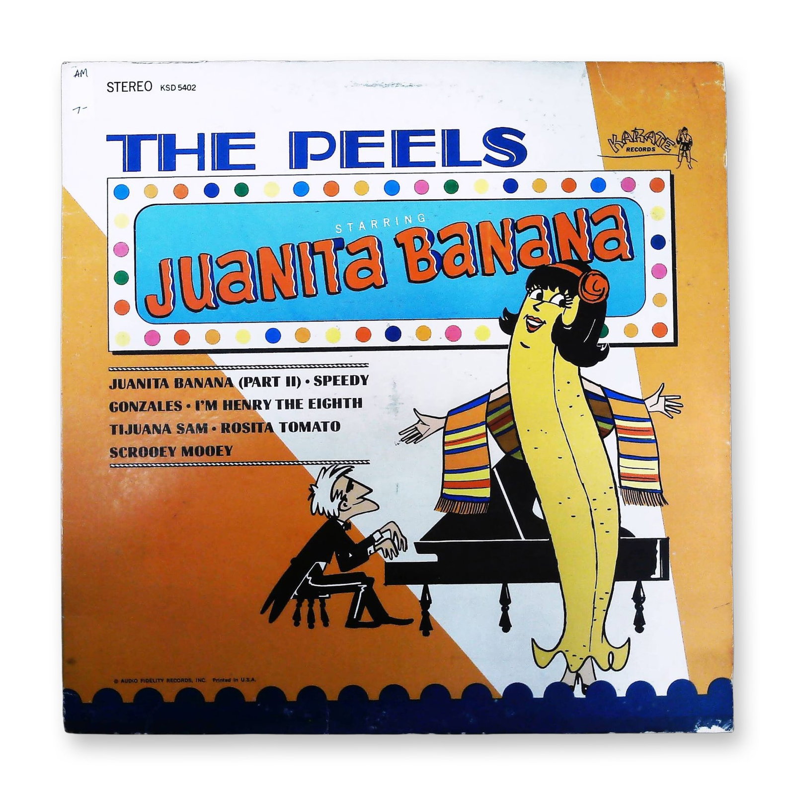 The Peels Juanita Banana 12-Inch Stereo LP Record Karate Records KSD 5402: A single 12-inch black vinyl LP record, 33 1/3 RPM, featuring the novelty/pop album Juanita Banana by The Peels. The record is housed in its original cardboard sleeve, which features a colorful mid-ce