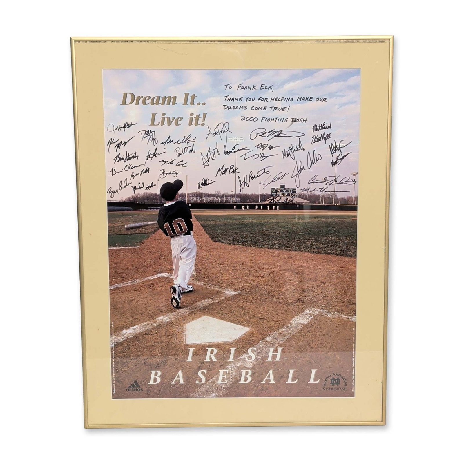 2000 Notre Dame Signed Baseball Poster: 2000 University of Notre Dame Fighting Irish baseball team signed commemorative poster, inscribed to university benefactor Frank Eck: TO FRANK ECK, THANK YOU FOR HELPING MAKE OUR DREAMS COME TRUE! 200