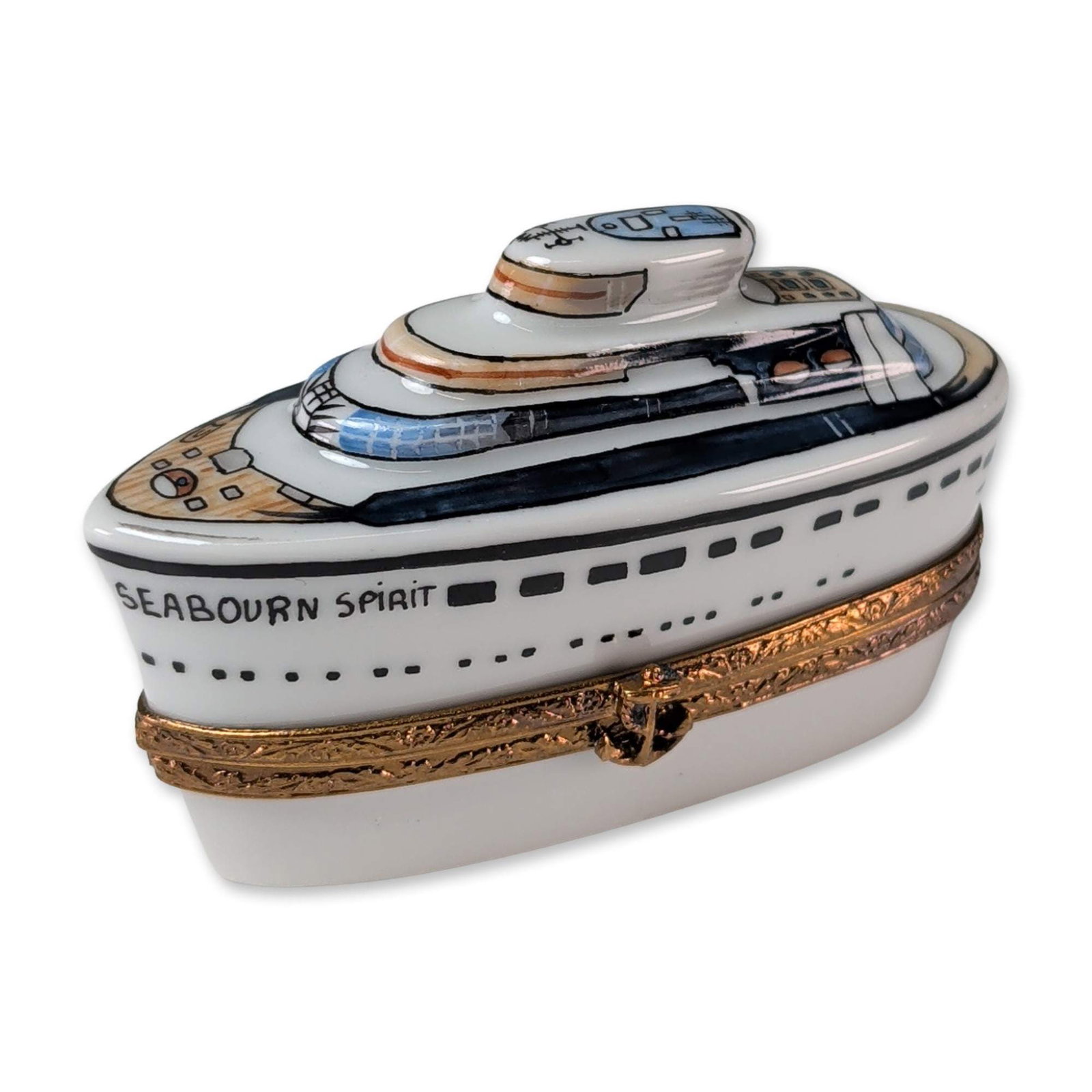 Limoges Porcelain Seabourn Spirit Ship Trinket Box: Limoges French porcelain trinket box, hand-painted in the form of the cruise ship Seabourn Spirit. The exterior features a detailed depiction of the vessel hull, decks, and lifeboats, with the ship na