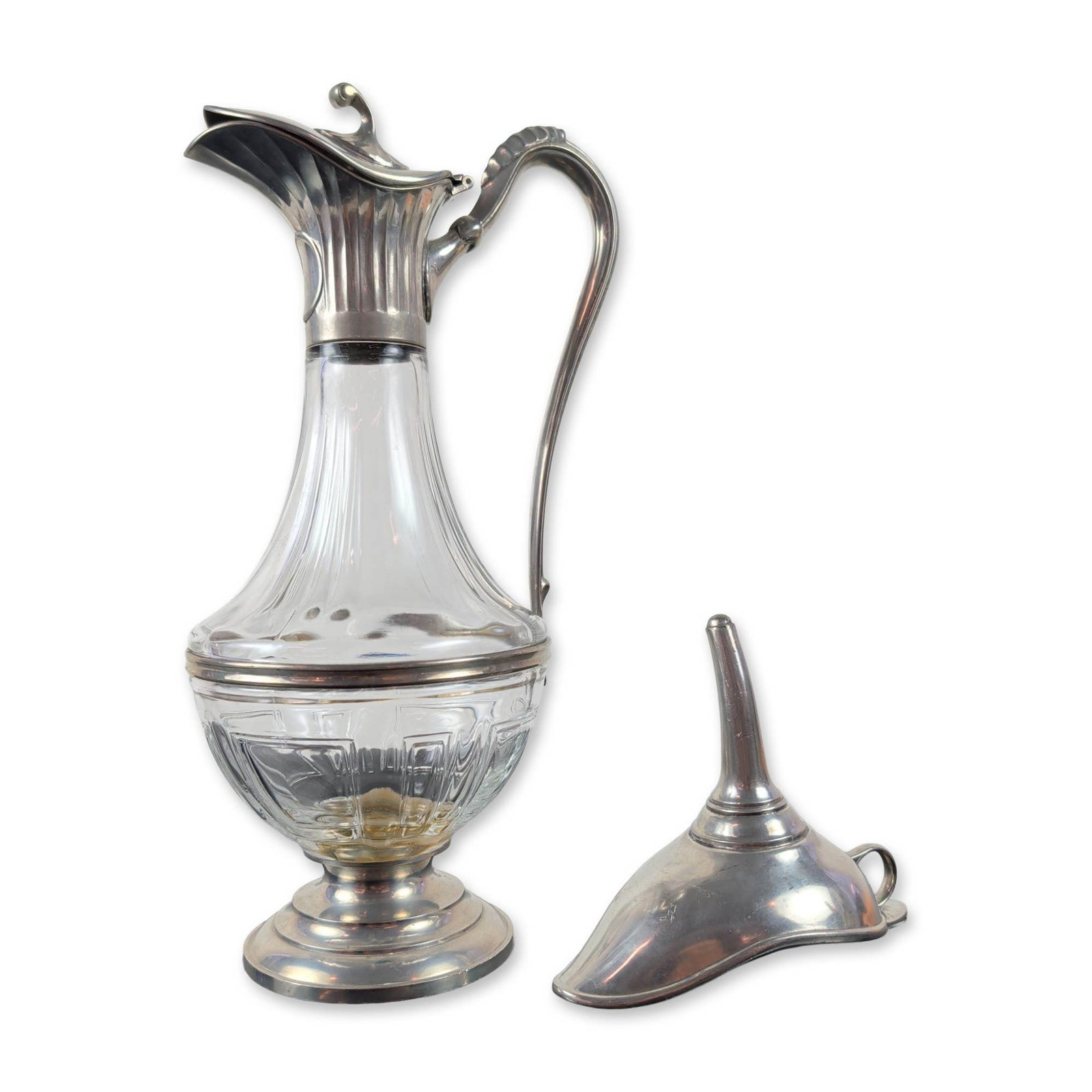 2pc Les Etains du Manoir French Glass and Pewter Claret Jug and Funnel: Mid-century French claret jug and matching wine funnel by Les Etains du Manoir. The jug features a clear pressed glass body with molded vertical fluting at the neck and a band of geometric patterns. I