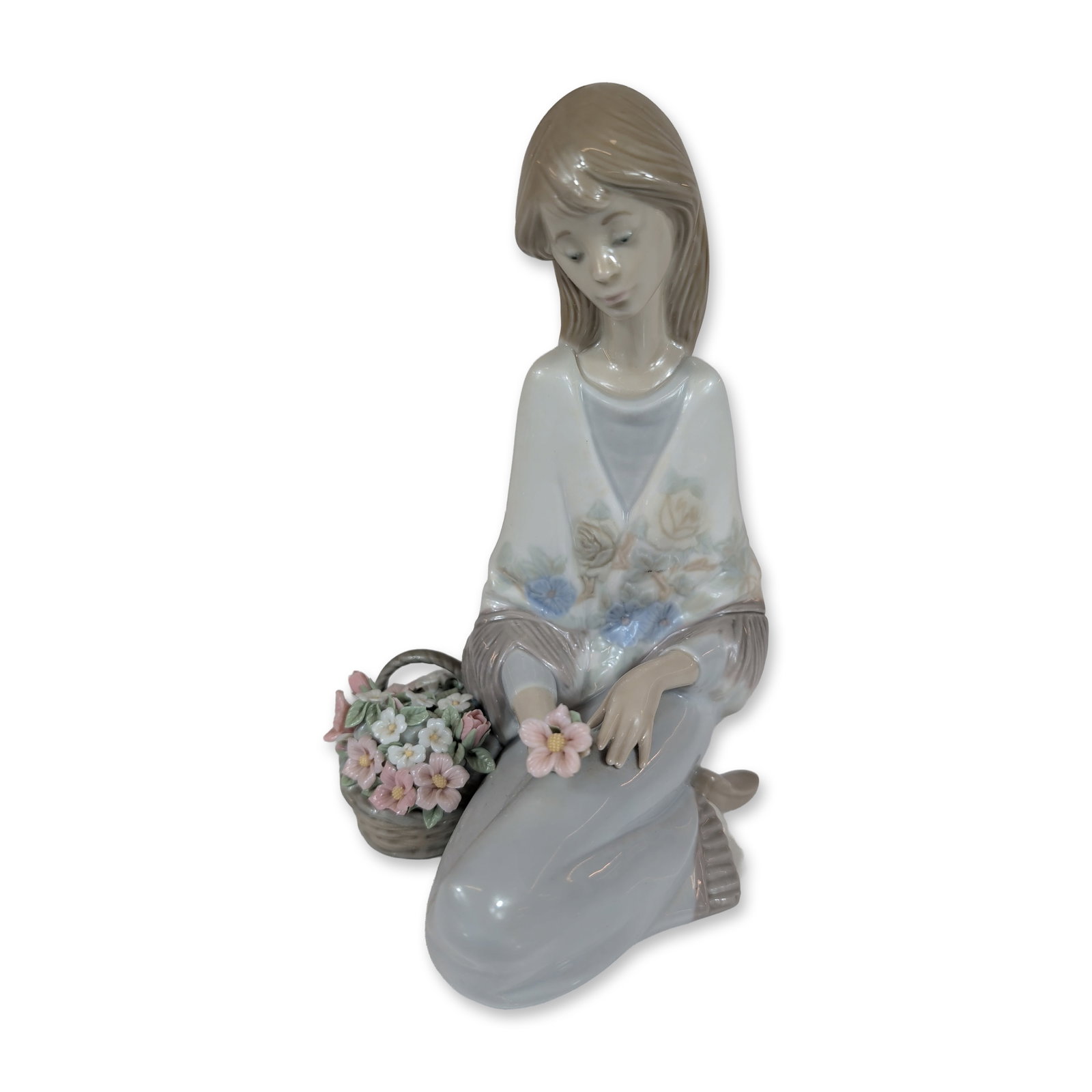 Lladro Flower Song Porcelain Figurine 7607: Spanish Lladro glazed porcelain figurine titled Flower Song, model number 7607. This 1988 Lladro Collectors Society annual edition depicts a seated young woman in a robe decorated with pale blue and y