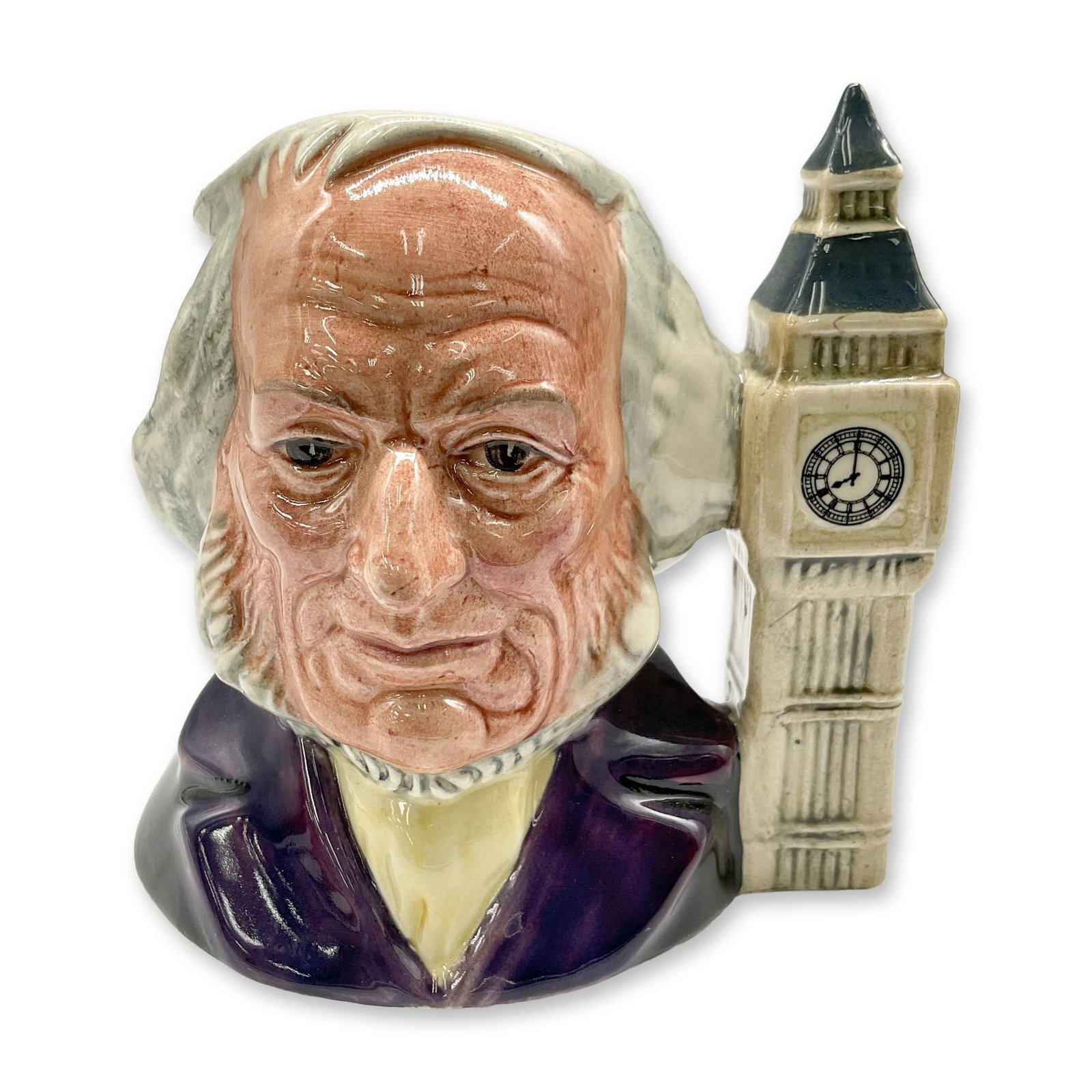 John Doulton 8 O'Clock D6656 Small Doulton Character Jug: Variation One, Big Ben is at Eight O'clock. Black coat with purple collar; lemon cravat; Big Ben is light brown. Royal Doulton backstamp. Artist: Eric Griffiths Dimensions: 4.25"H Date or Era: 1980 - 