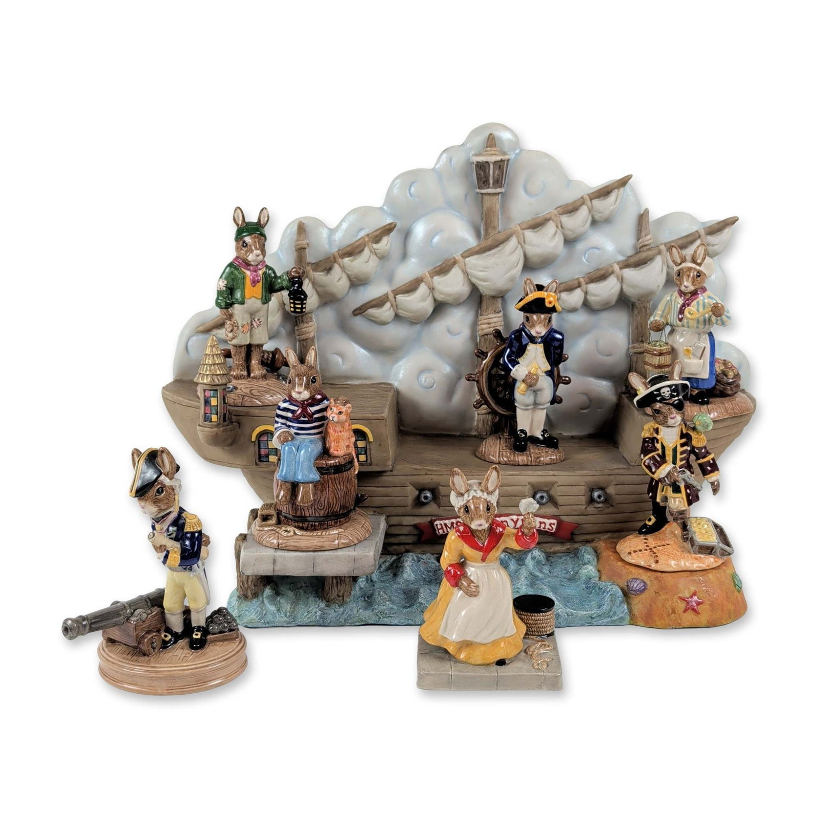 8pc Royal Doulton Bunnykins Shipmates Collection: 7 Figurines & HMS Pirate Ship Base (1 of 6)